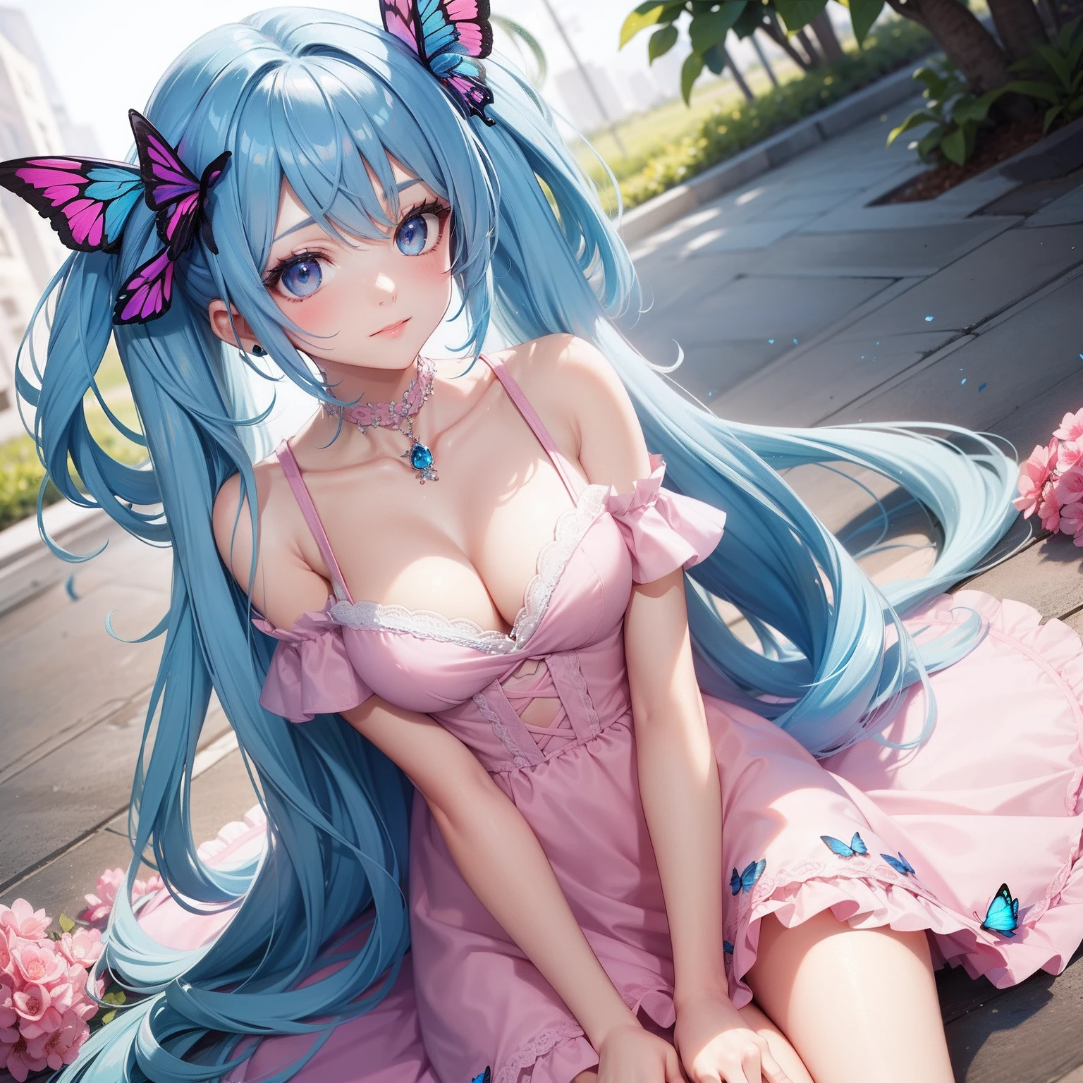 a women, blue butterfly, blue hair, pink eyes, pink dress