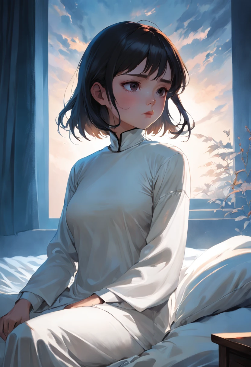 A beautiful brunette girl,Wear a white turtleneck nightdress,sit on a bed,It was dawn during the day,high high quality,fog atmosphere,(Chinese folk suspense supernatural comic book style),High detail, Sharp focus, Dramatic,The art of painting by Midjourney and Greg Rutkowski, Bokeh on the background