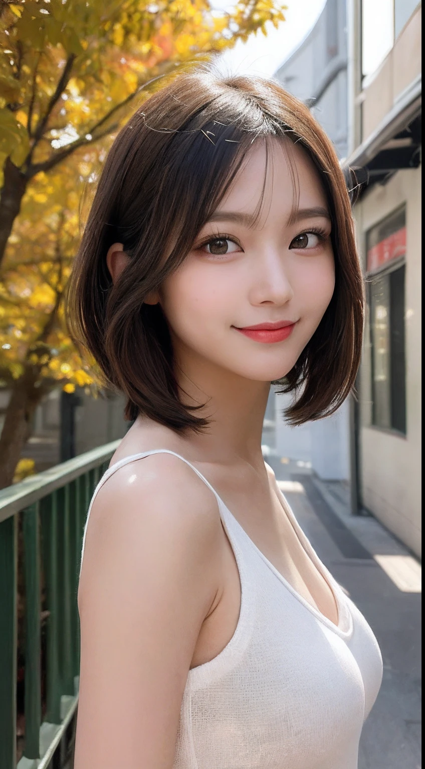 masutepiece, Best Quality, Illustration, Ultra-detailed, finely detail, hight resolution, 8K Wallpaper, Perfect dynamic composition, Beautiful detailed eyes, Women's Fashion Autumn,Short bob hair,Small breasts natural color lip, Bold sexy poses,Smile,Harajuku、20 years girl、Cute、Subject looking at sexy pose on camera