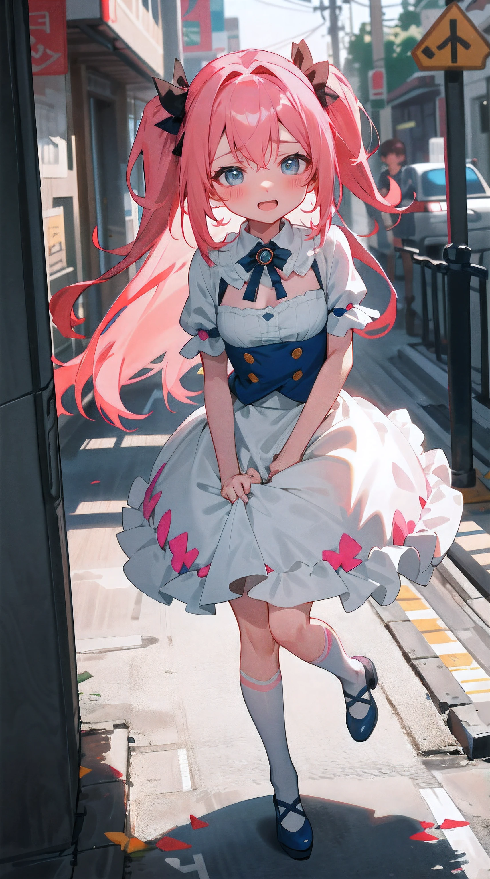 Extremely detailed CG unified 8K wallpaper, very fine 8KCG wallpaper,，Lori huge breasts cleavage（1.5)，Cute long pink hair、Girl in cute dress、A girl goes to the toilet、Look away、standing、embarrassed from、Blushing、Open your mouth、A street(The girl is peeing:1.7)、Mini skirt，white stockings（1.7），Clamp your legs，Beautiful face，Beautiful detailed eyes，Small loli，6 years old，There is love in the eyes（1.5），beautiful hairl，Two-handed Biye