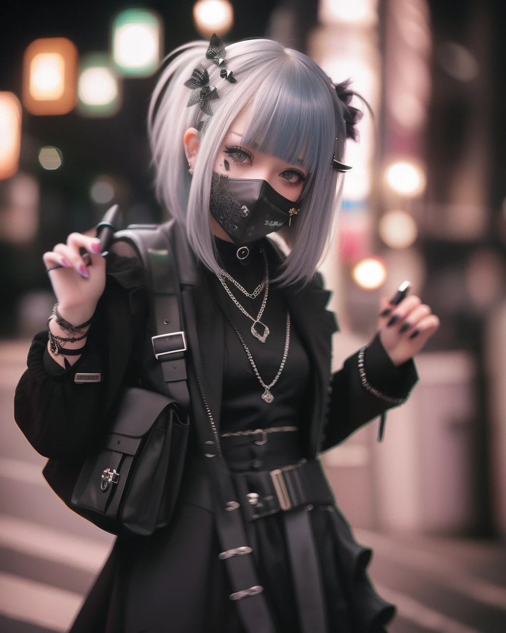 goth_punk, 1girl, solo, medium shot, walking in harajuku, ((night time)), bokeh, neon light, iridescent eyes, starry sky, white shimmer hair, white eyebrow, glowing hair, (iridescent white hair), earrings, bangs, jewelry, mask, blunt bangs, green eyes, mouth mask, blurry background, blurry, hair ornament, looking at viewer, short hair, portrait, sidelocks