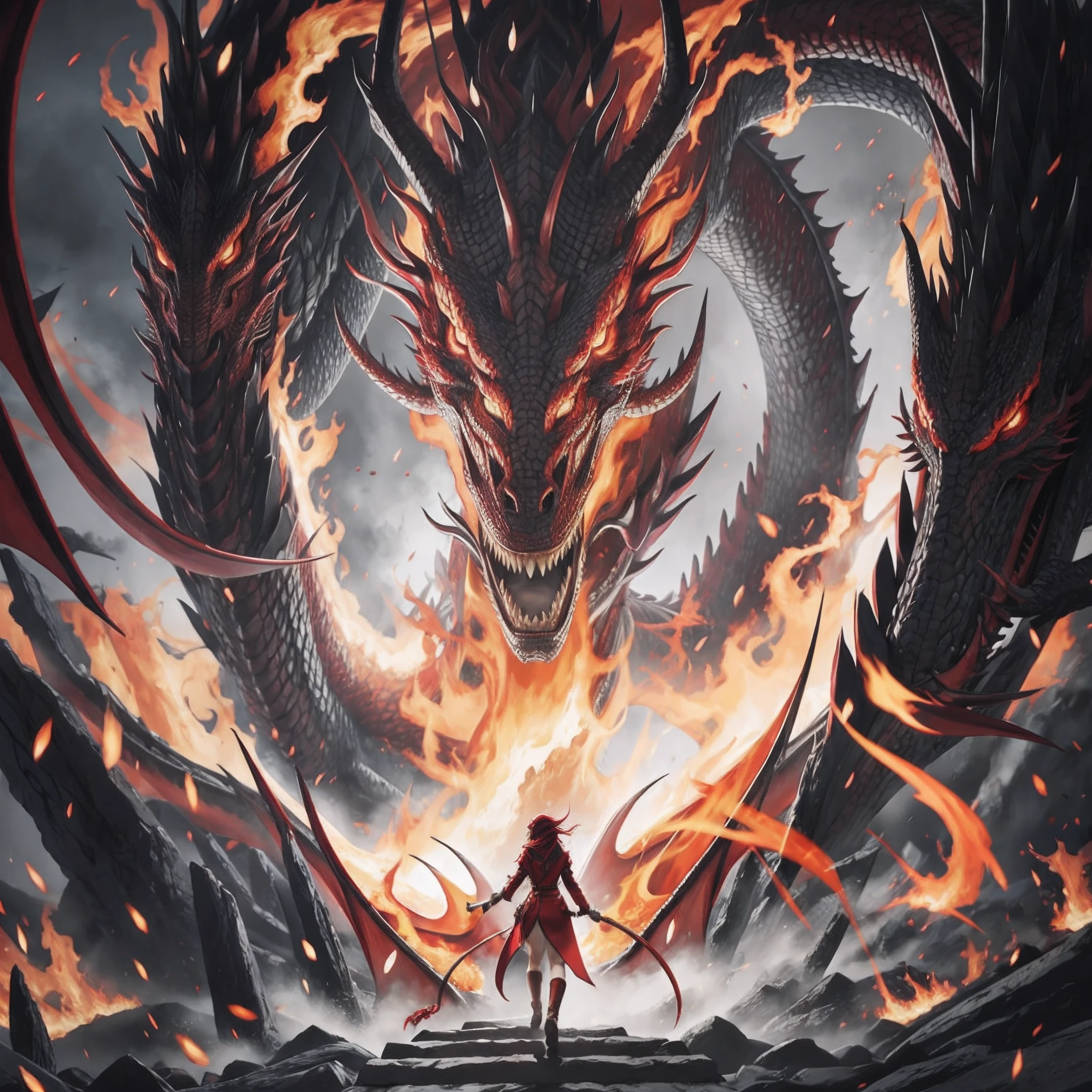 red flames,Only one dragon face,Film realism style,复杂,Add details,Long hair,dark