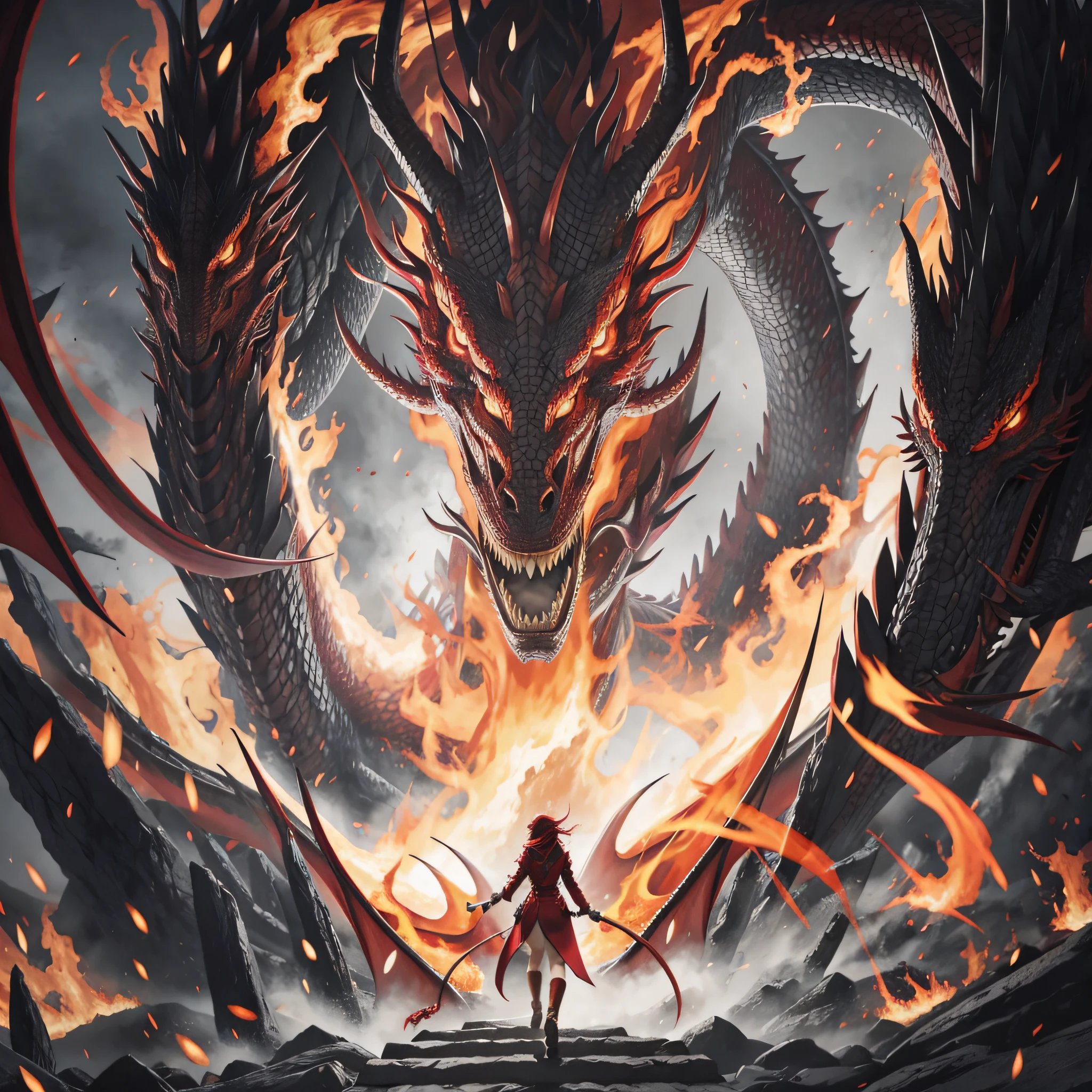 red flames，Only one dragon face，Film realism style，复杂，Add details，Long hair，dark