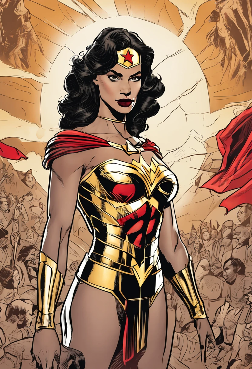 Wonder Woman is an iconic superheroine,Known for his strong courage and compassion. Her face showed a sense of determination and justice. Her sharp eyes reflect her unwavering determination and compassion for others. Her black hair poured down in sweet waves,Set off her face elegantly. She wears her signature red, blue and gold outfit. At her waist, She wears a gold belt,The cleavage protrudes "Show on the" symbol. Her accessories include gold gloves on her arms, Both defensive armor,Again a powerful weapon. She wears red and white boots,Provides her with stability,Increased her speed and agility. Carry the lasso of truth, A golden rope,Force anyone caught by it to tell the truth.