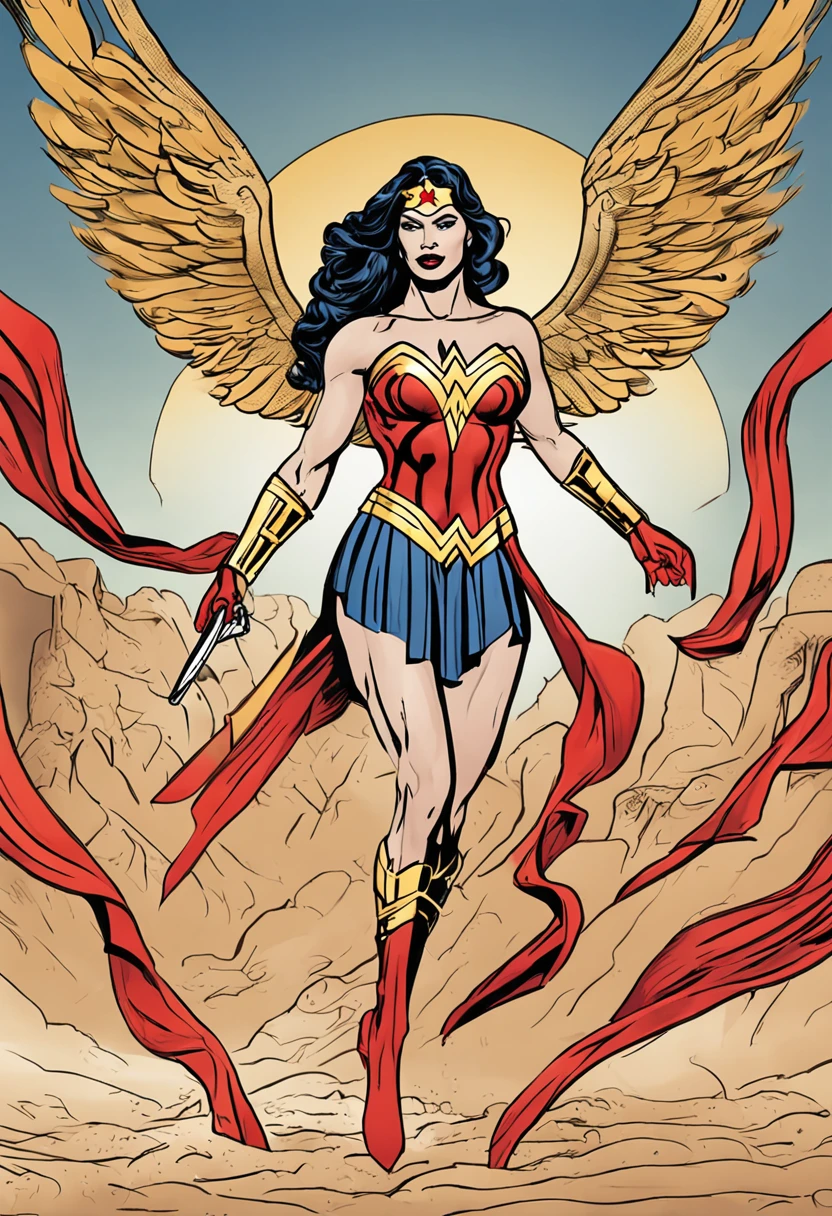 Wonder Woman is an iconic superheroine,Known for his strong courage and compassion. Her face showed a sense of determination and justice. Her sharp eyes reflect her unwavering determination and compassion for others. Her black hair poured down in sweet waves,Set off her face elegantly. She wears her signature red, blue and gold outfit. At her waist, She wears a gold belt,The cleavage protrudes "Show on the" symbol. Her accessories include gold gloves on her arms, Both defensive armor,Again a powerful weapon. She wears red and white boots,Provides her with stability,Increased her speed and agility. Carry the lasso of truth, A golden rope,Force anyone caught by it to tell the truth.