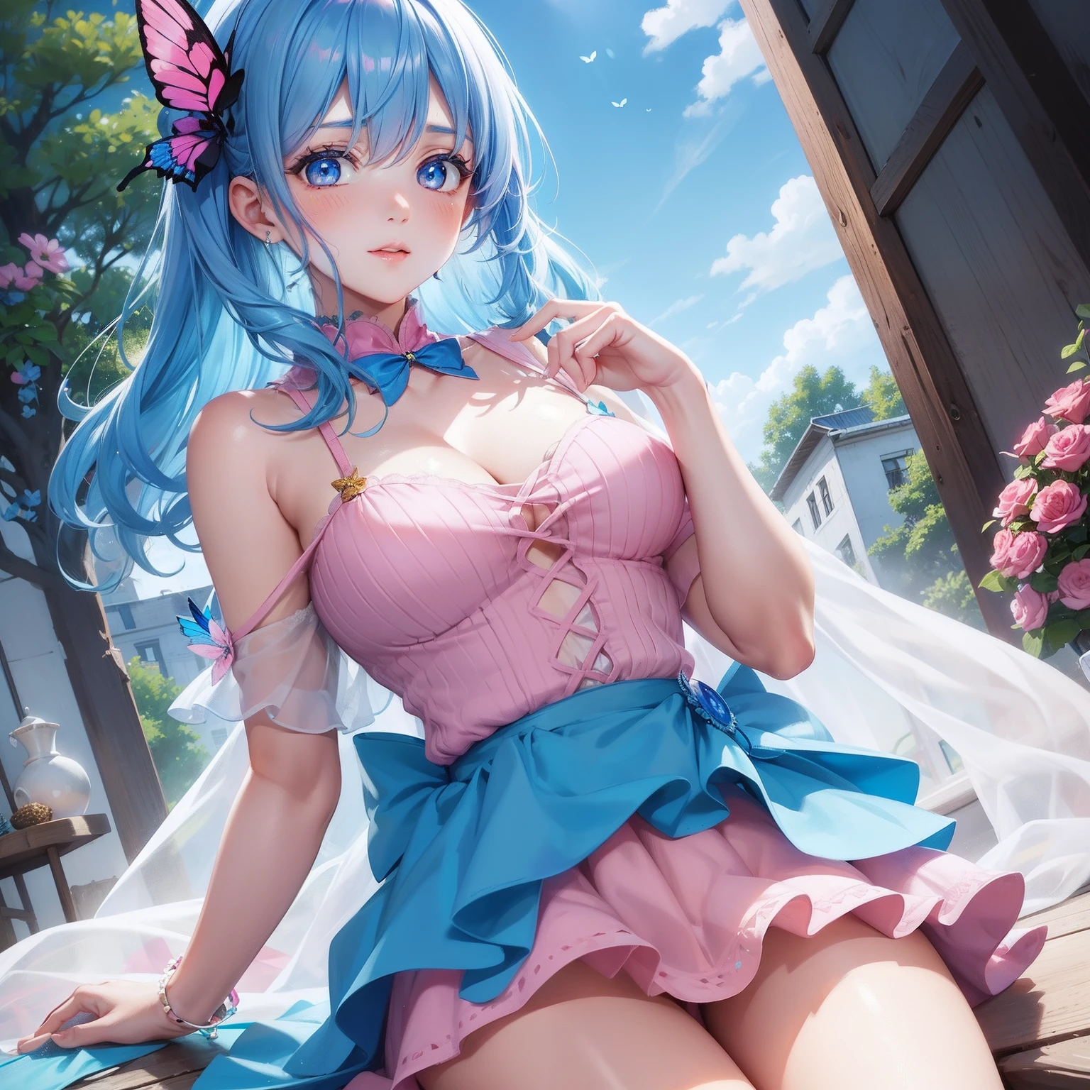 a women, blue butterfly, blue hair, pink eyes, pink dress