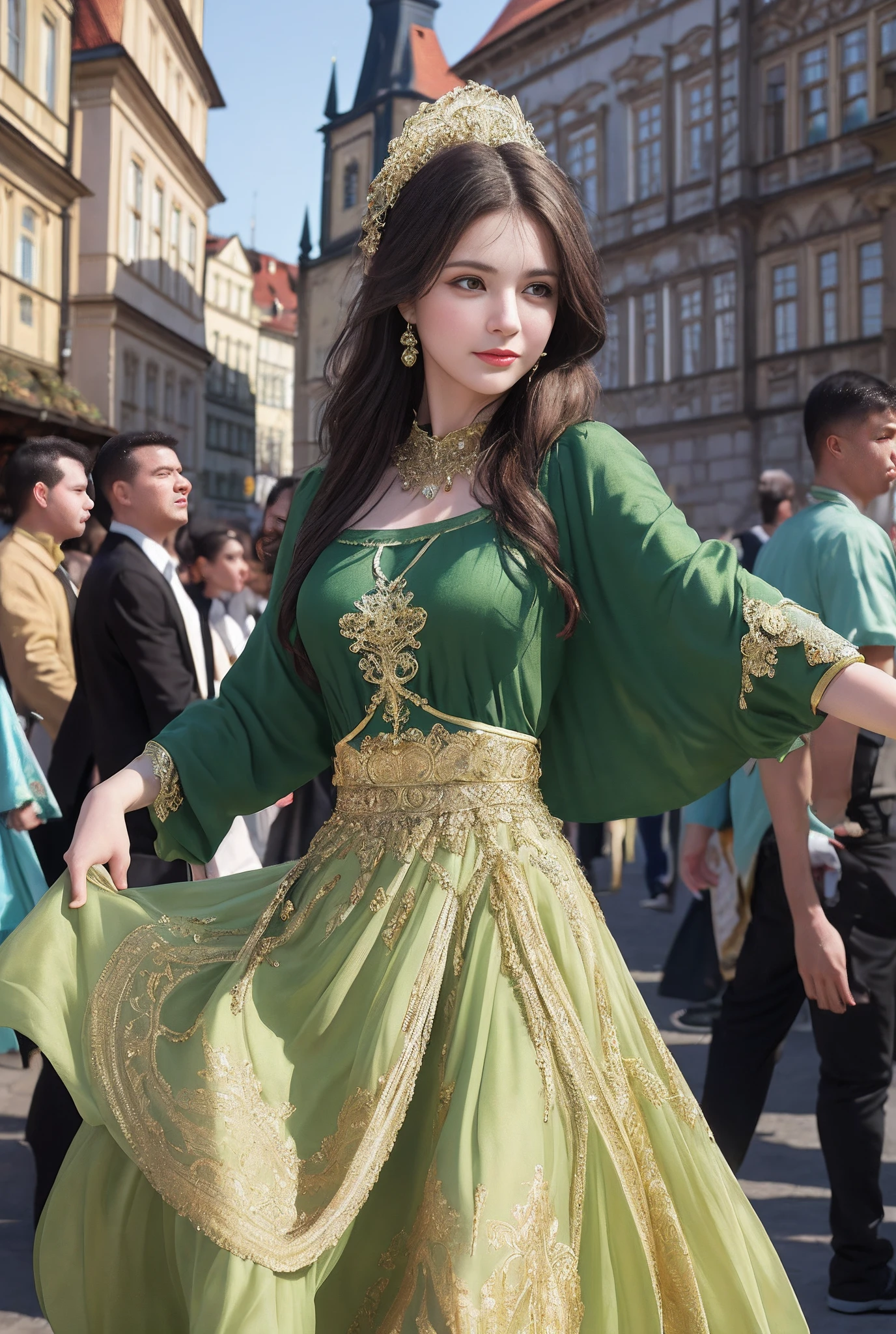 (Masterpiece, Best quality, Realistic),
1girll,Prague Old Town Square background, gypsy dress, Dancing, Intricate, Dark green dress, gold, gypsy person, banquet, crowd, picking up skirt,Pale skin,
[Slight smile],