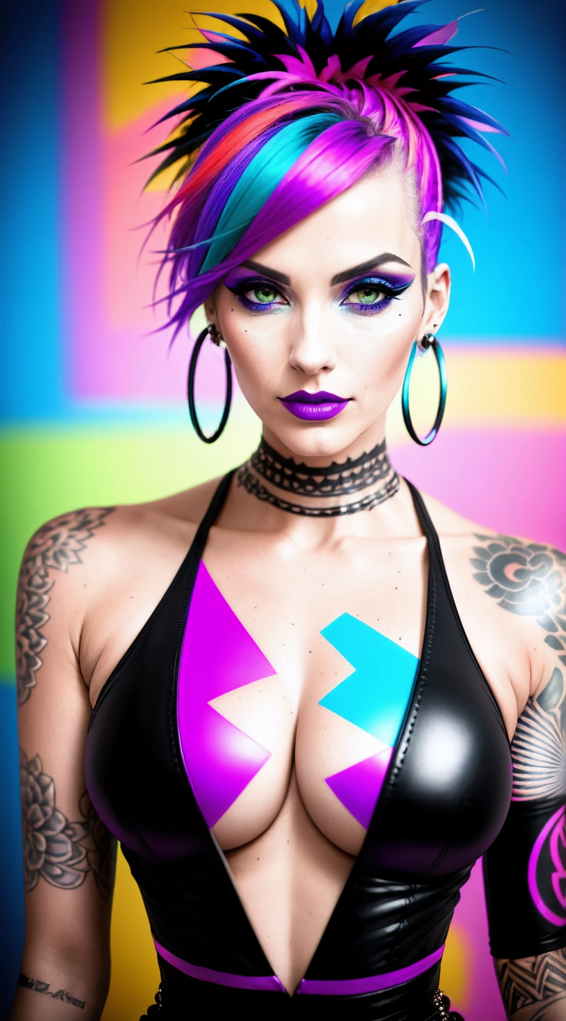 photography of a beautiful monster woman .shot from a dutch angle ,close up , headshot. ,vibrant colors ,wearearing a modern full body dress, punk woman . blury background. slim, (small breasts),