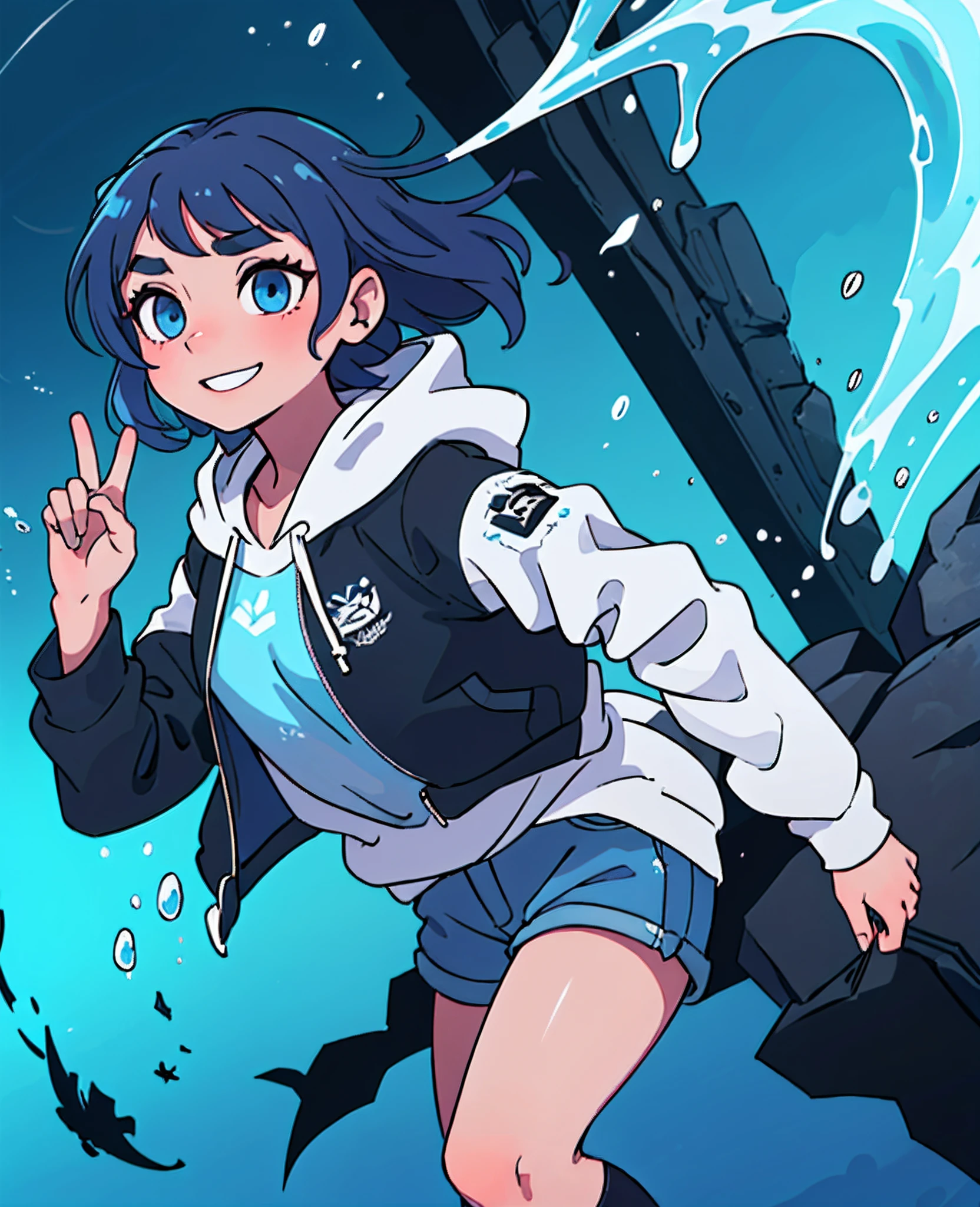 ((top quality)), ((masterpiece)), ((super detail)), (very delicate and beautiful), girl, solo, cold demeanor, ((black jacket)), she looks very (relaxed) and (calm), black hair, depth of field, evil smile, stirrups, underwater, air bubble, light blue eyes, light blue hair and dark blue tips inner color with, cold background, bobbed hair - linear art, shorts, knee high socks, oversized white hoodie, light blue ribbon tie, clothing transparent, hands in pockets