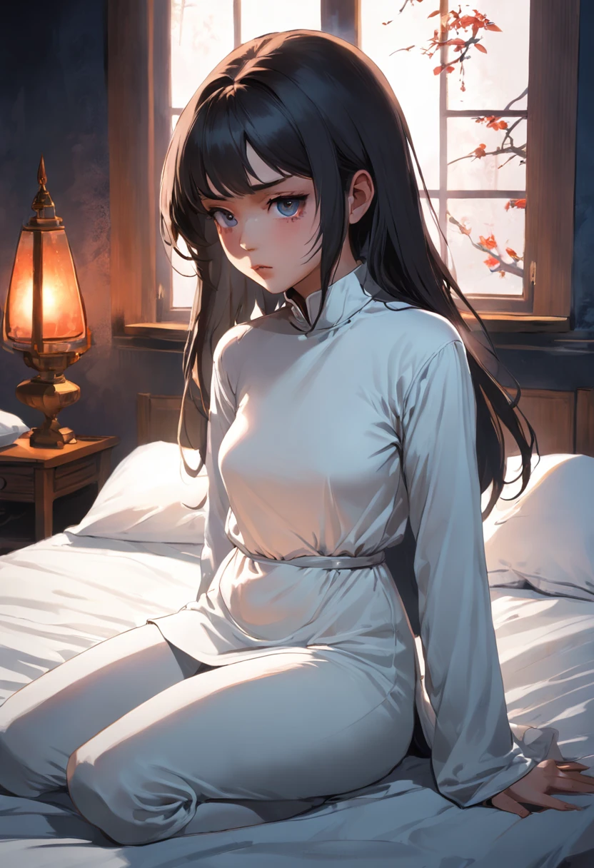 A beautiful brunette girl，Wear a white turtleneck nightdress，sit on a bed，It was dawn during the day，high high quality，fog atmosphere，(Chinese folk suspense supernatural comic style),High detail, Sharp focus, Dramatic，The art of painting by Midjourney and Greg Rutkowski, Bokeh on the background