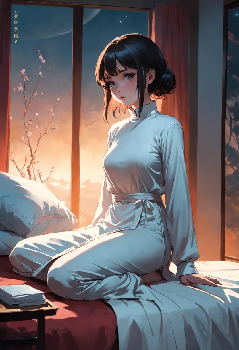 A beautiful brunette girl,Wear a white turtleneck nightdress,sit on a bed,It was dawn during the day,high high quality,fog atmosphere,(Chinese folk suspense supernatural comic style),High detail, Sharp focus, Dramatic,The art of painting by Midjourney and Greg Rutkowski, Bokeh on the background