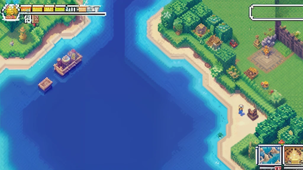 鸟山明风格，Flat pixel games《dragon quest》，Game scene design，（a paradise：1.4），16-bit pixels