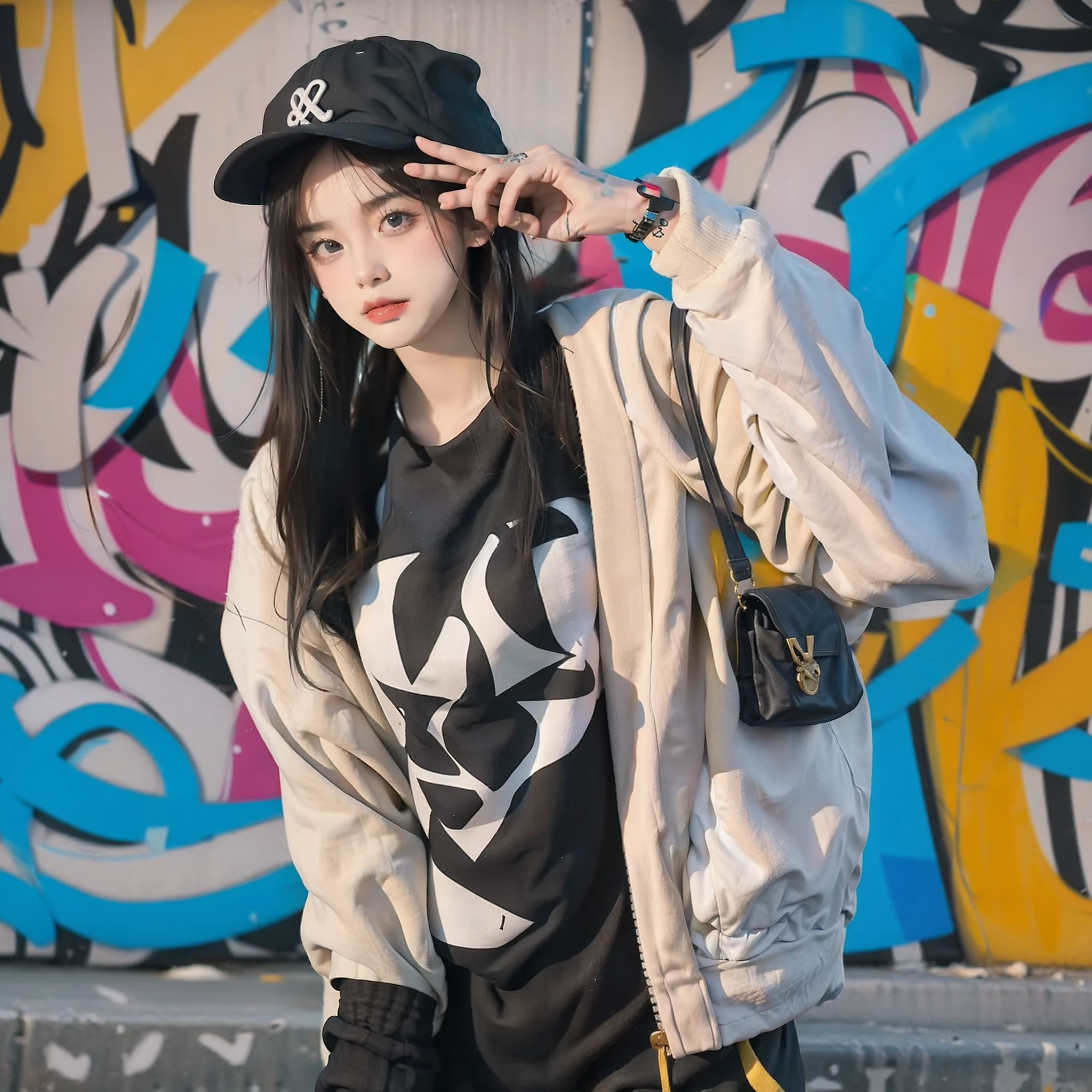 Hip hop woman，Background bokeh，Leaning against the graffiti wall，With a hat on，hip hop style，Quirky look，shapely body，Tattooed with，8k wallpaper