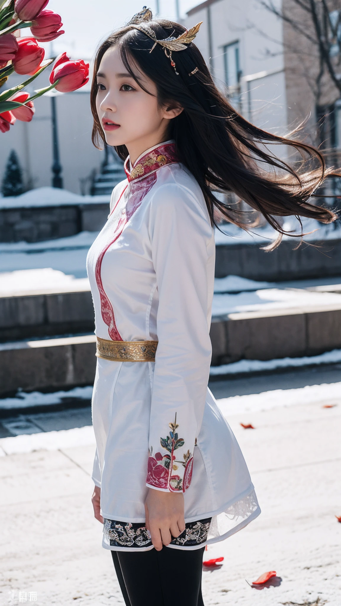 32K(tmasterpiece,k hd,hyper HD,32K)Long flowing black hair,ponds,zydink, a color, Xuzhou people (Seduce girls), (Red scarf in the snow), Combat posture, looking at the ground, long whitr hair, Floating hair, Carp pattern headdress, Chinese long-sleeved silver cheongsam, (Abstract gouache splash:1.2), Pink petal background,Tulips flying(realisticlying:1.4),Black color hair,Fallen leaves flutter,The background is pure, A high resolution, the detail, RAW photogr, Sharp Re, Nikon D850 Film Stock Photo by Jefferies Lee 4 Kodak Portra 400 Camera F1.6 shots, Rich colors, ultra-realistic vivid textures, Dramatic lighting, Unreal Engine Art Station Trend, cinestir 800,Long flowing black hair,see-through transparent clothes