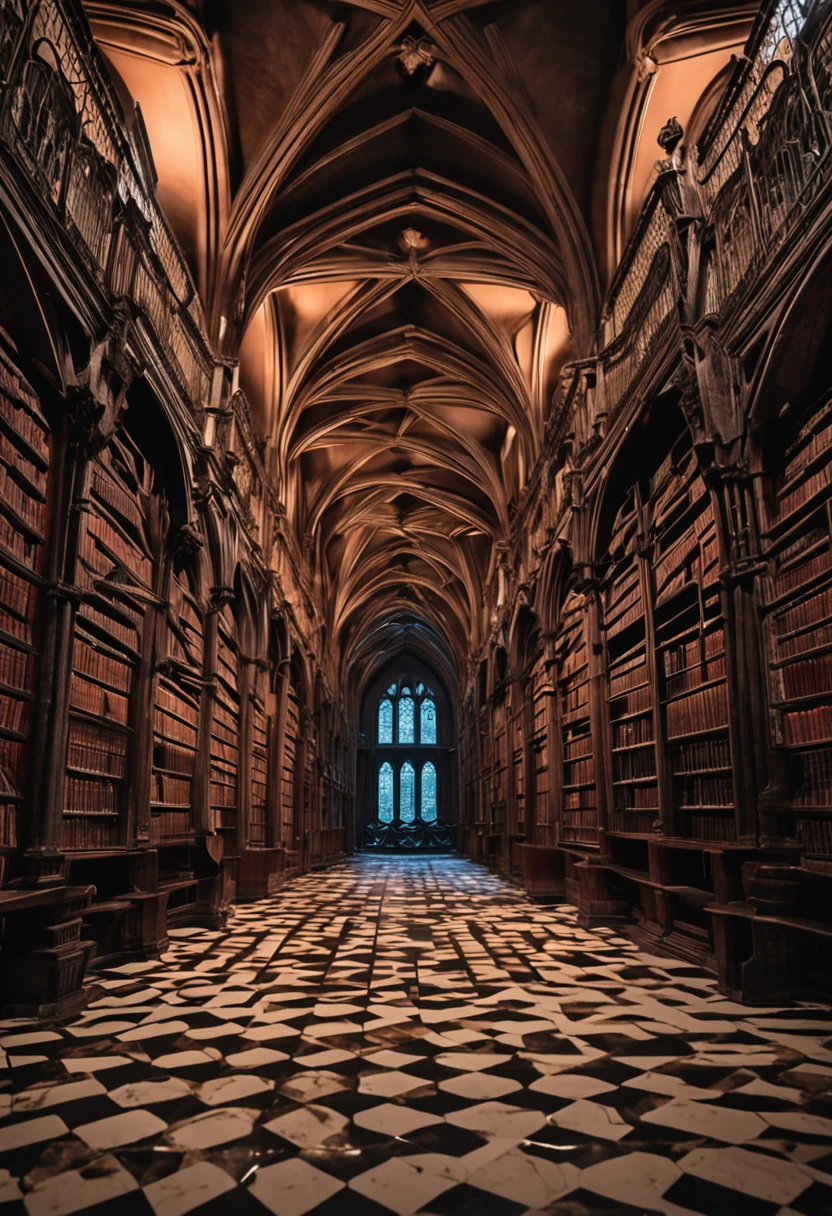 Straight in perspective in a Gothic library-like labyrinth