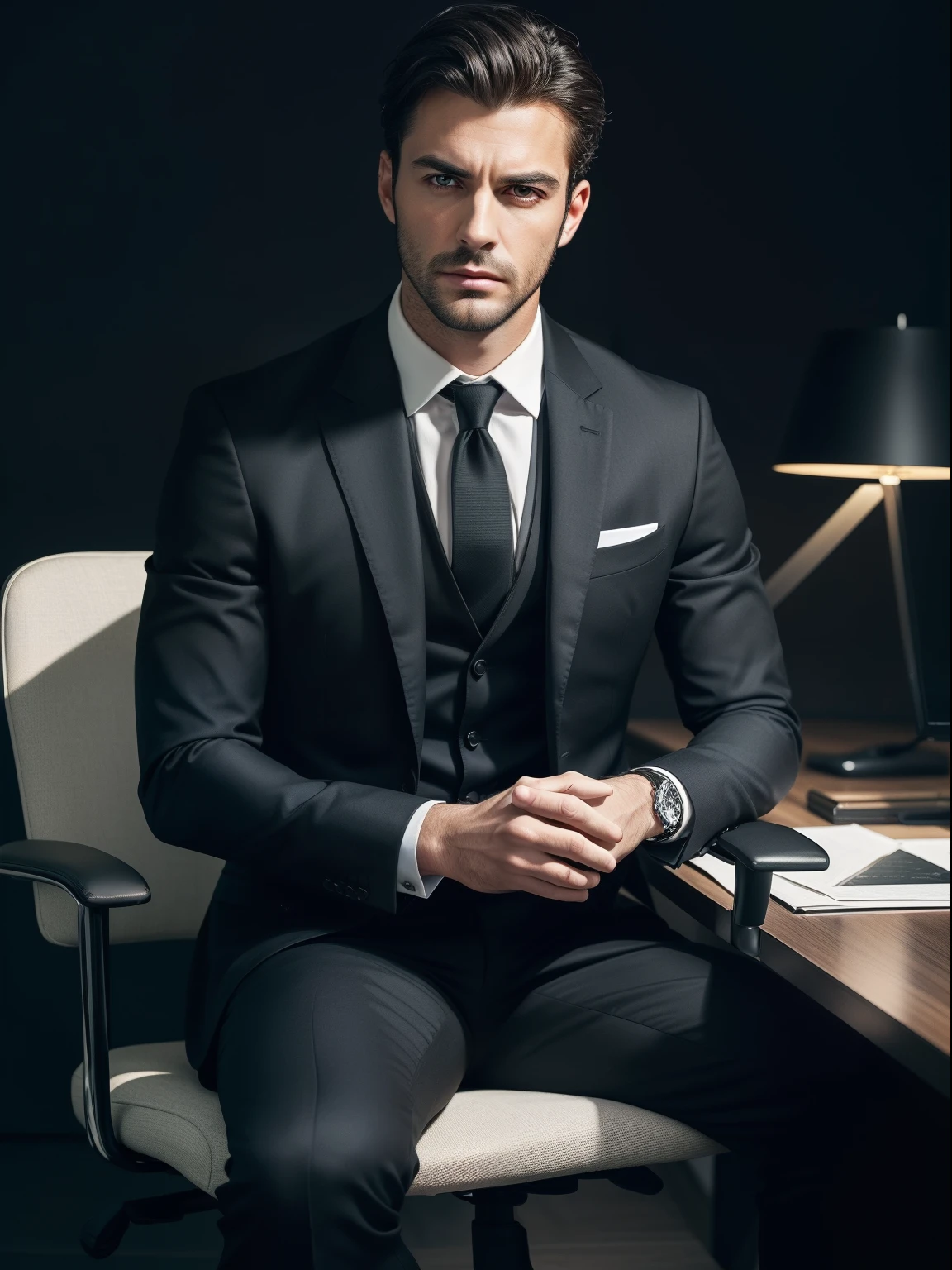 ((half body)) Photo RAW Ceo Man sitting in an office chair, wearing black suit,  movie scene, (Impeccable) ,Serious and elegant man, , with thick male eyebrows, (with mysterious and serious face,) short dark hair, dark black background image, elegant, ( high quality and realistic image), ((Best Quality, 8k, Masterpiece), Dark grading,hansome man