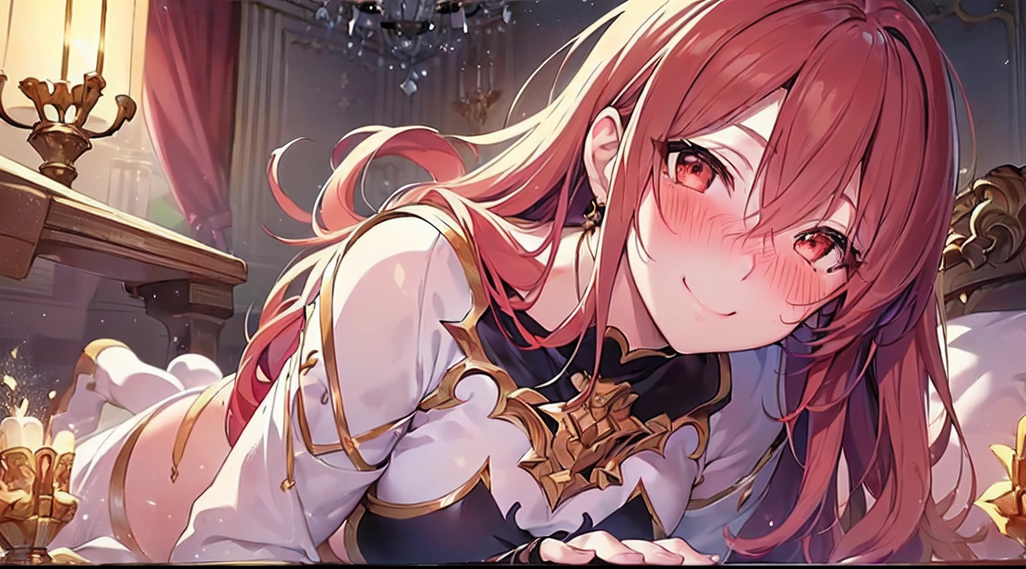 ((adult lady,light smile)),((anime moe art style)),((masterpiece)), (top-quality), (super detailing), illustratio, (((extremely delicate and beautiful))),dynamic ungle,Look at viewers,((full body Esbian))),(((red blush))),finerly detailed face, long eyeslashes,Bangs between the eyes,Curvaceous、in a house、light particules、Royal Bedroom