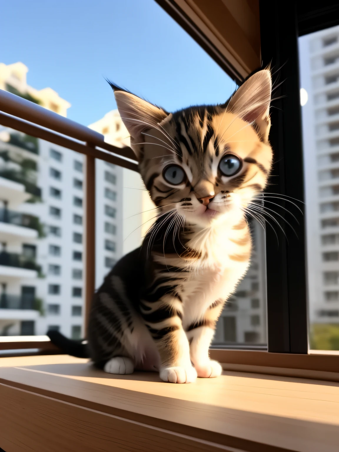 (A small kitten on the balcony:0.8),rays of sunshine,