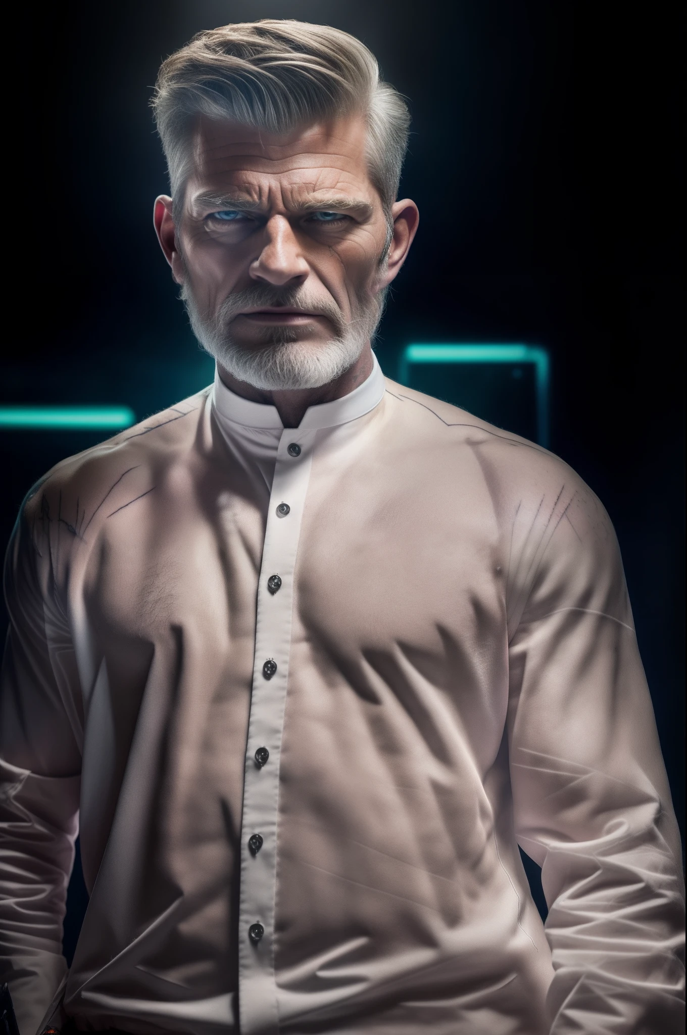 Extremely detailed, very realistic, very sharp, hyper realistic, best quality, masterpiece, tall muscled, grizzled stylish hair, stubble, Stephen Lang, ((scars)), pants, evil, (((nightclub))), (suit), full shot, neon, tattoos