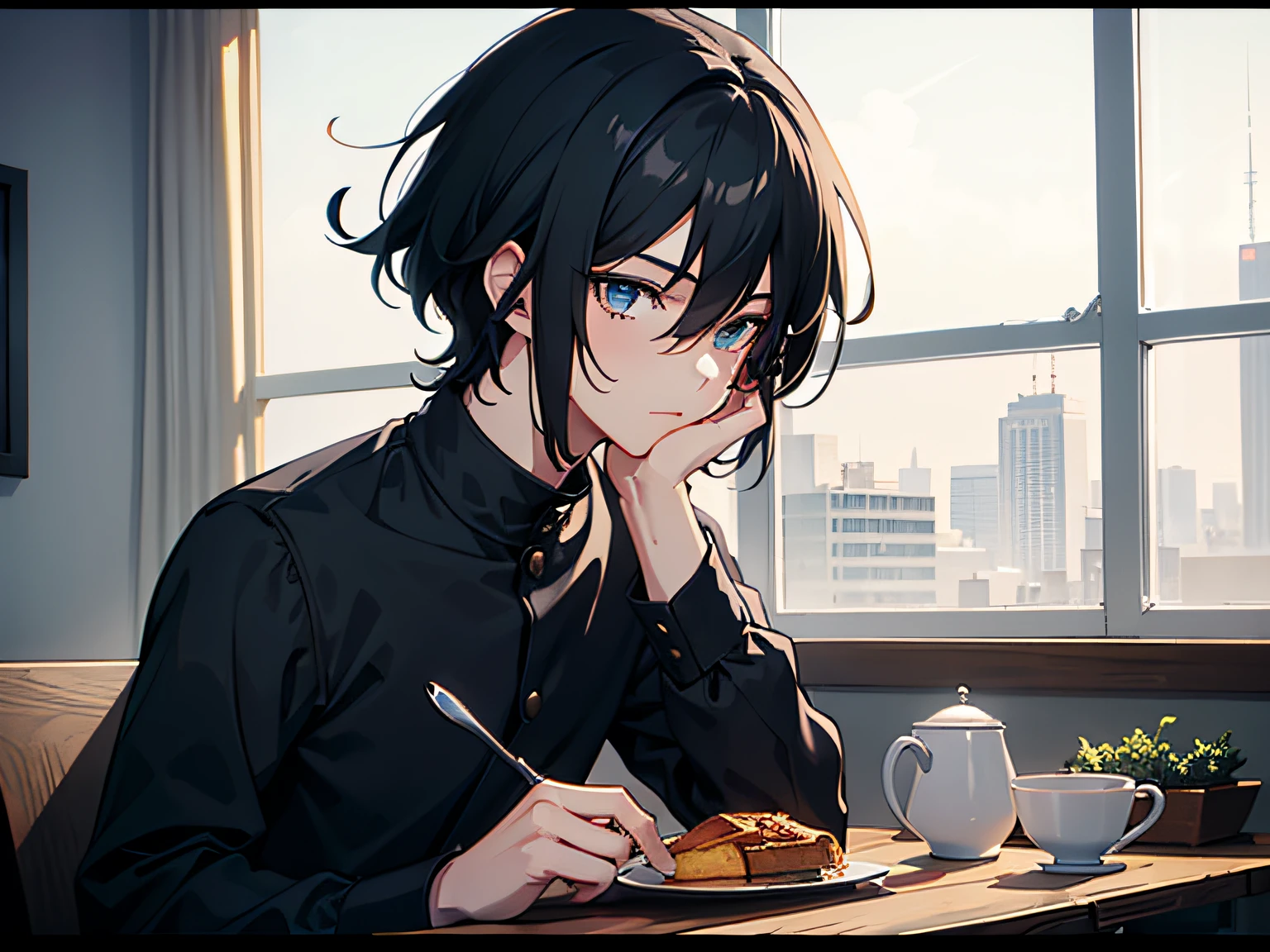 A boy with,Black color hair,blue color eyes,Handsome,Take breakfast,Illustration anime style,Dark 4K, hyper HD, Masterpiece