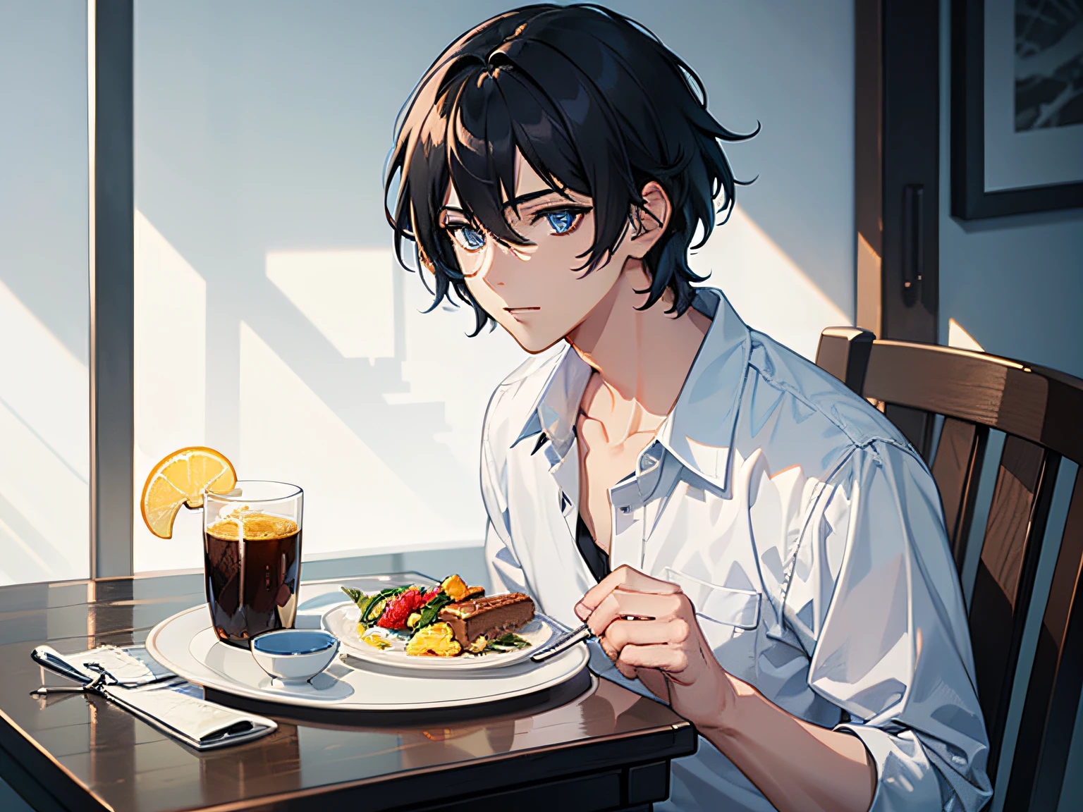 A boy with,Black color hair,blue color eyes,Handsome,Take breakfast,Illustration anime style,Dark 4K, hyper HD, Masterpiece