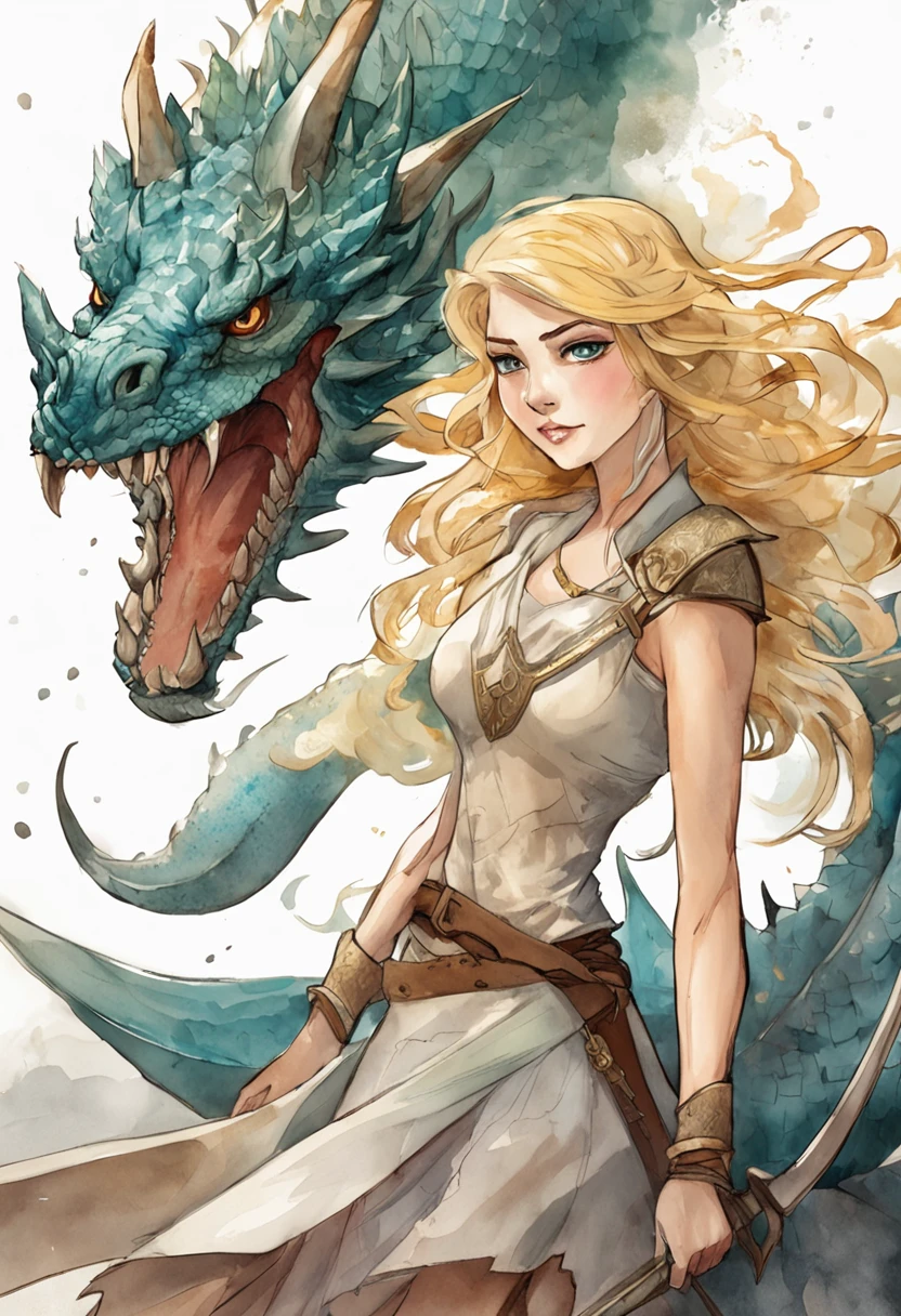 Blonde long hair wavy，Turquoise bright eyes，Females of about 20 years of age，Holding the Radiant Great Sword in both hands，Face off against a black dragon flying from top to bottom，Stand on the cracked earth，The character is located in the lower left corner，The dragon is located in the upper right corner，Dark clouds in the background，But there is a light that hits the character。