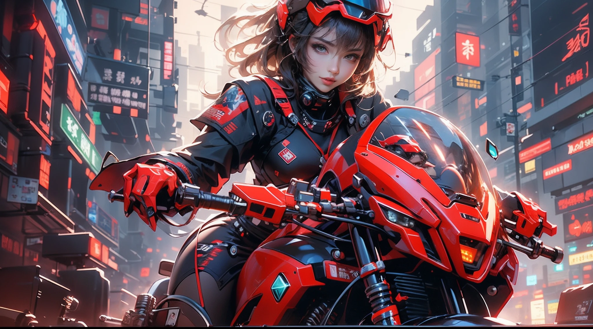 Highest image quality, outstanding detail, ultra-high resolution, (fidelity: 1.4), best illustration, favor details, highly condensed 1girl, with a delicate and beautiful face, dressed in black and red mecha, wearing a mecha helmet, holding a direction controller, riding on a motorcycle, the background is a high-tech lighting scene of the future city.