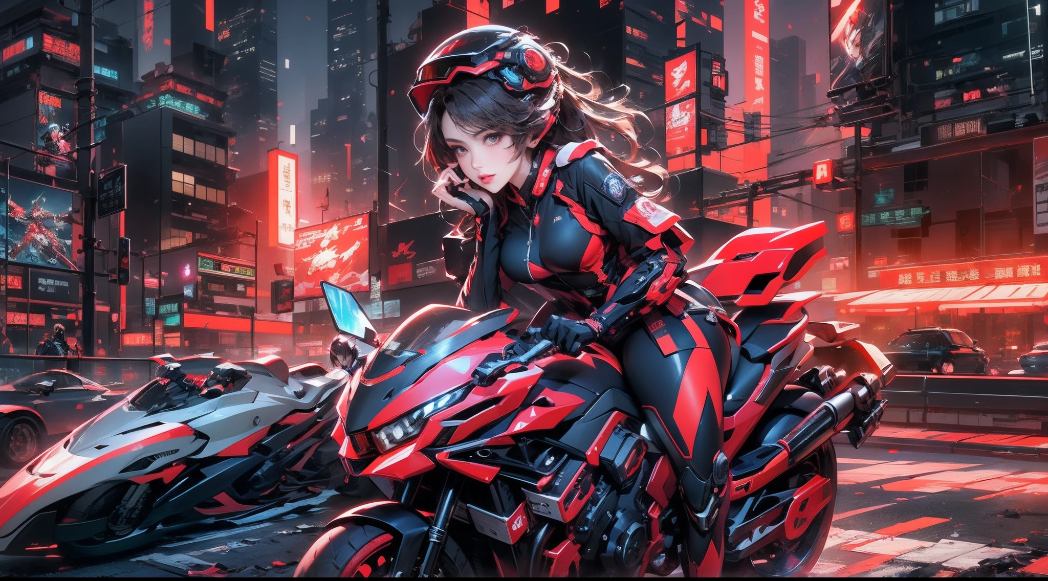 Highest image quality, outstanding detail, ultra-high resolution, (fidelity: 1.4), best illustration, favor details, highly condensed 1girl, with a delicate and beautiful face, dressed in black and red mecha, wearing a mecha helmet, holding a direction controller, riding on a motorcycle, the background is a high-tech lighting scene of the future city.