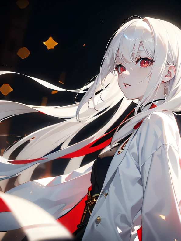 ((Masterpiece)), ((Pale skin)), (Bokeh effect), (Dynamic Angle), (The background is blurred out:1.3), Sharp eyes, (Solo:1.2), (Female:1.1), (Red eyes:1.1), (White hair:1.1), Long hair, Straight hair