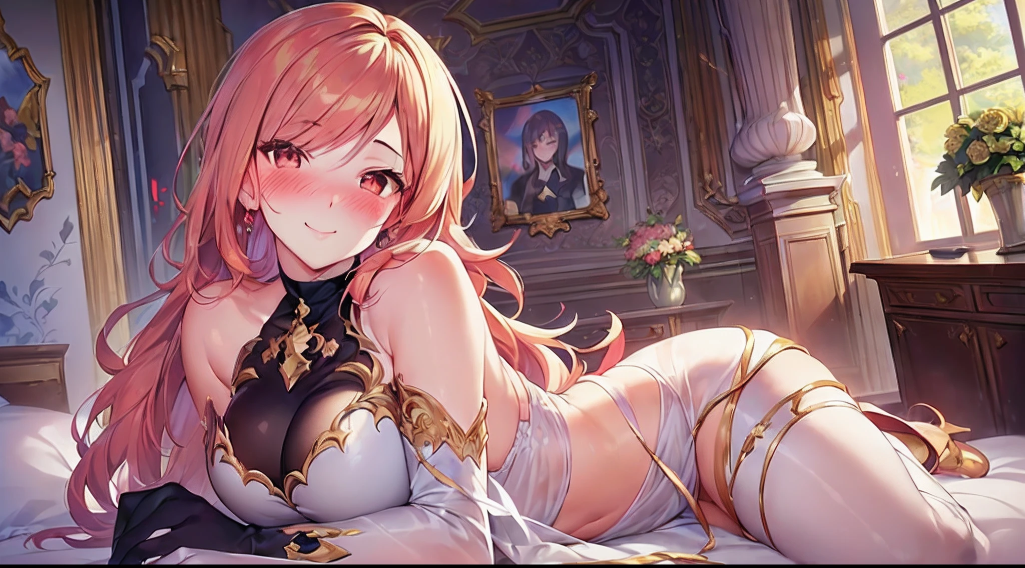 ((adult lady),light smile)),((anime moe art style)),((​masterpiece)), (top-quality), (super detailing), illustratio, (((extremely delicate and beautiful))),dynamic ungle,Look at viewers,((full body Esbian))),(((red blush))),finerly detailed face, long eyeslashes,Bangs between the eyes,Curvaceous、in a house、light particules、Royal Bedroom