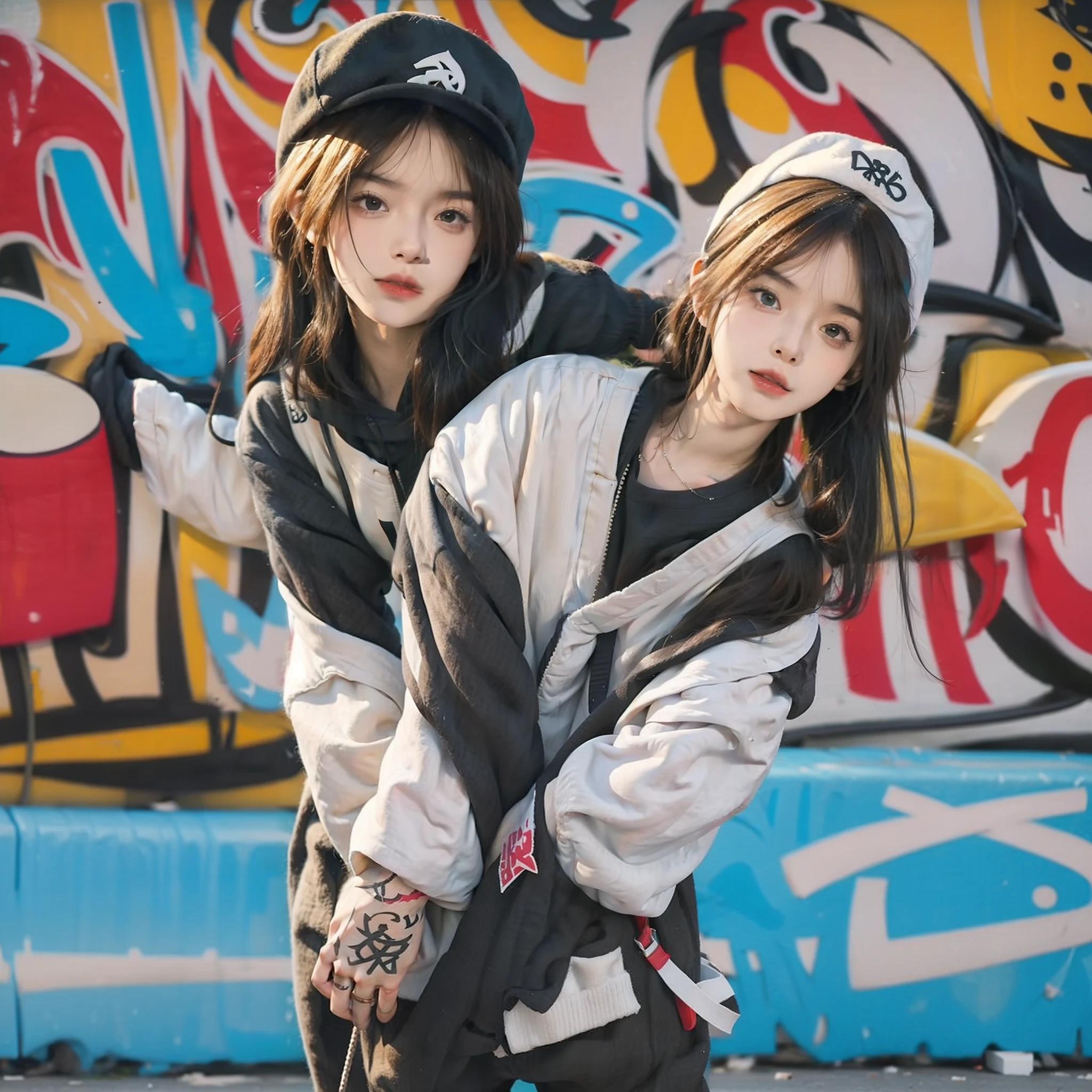 Hip hop woman,Background bokeh,Leaning against the graffiti wall,With a hat on,hip hop style,Quirky look,shapely body,Tattooed with,8k wallpaper