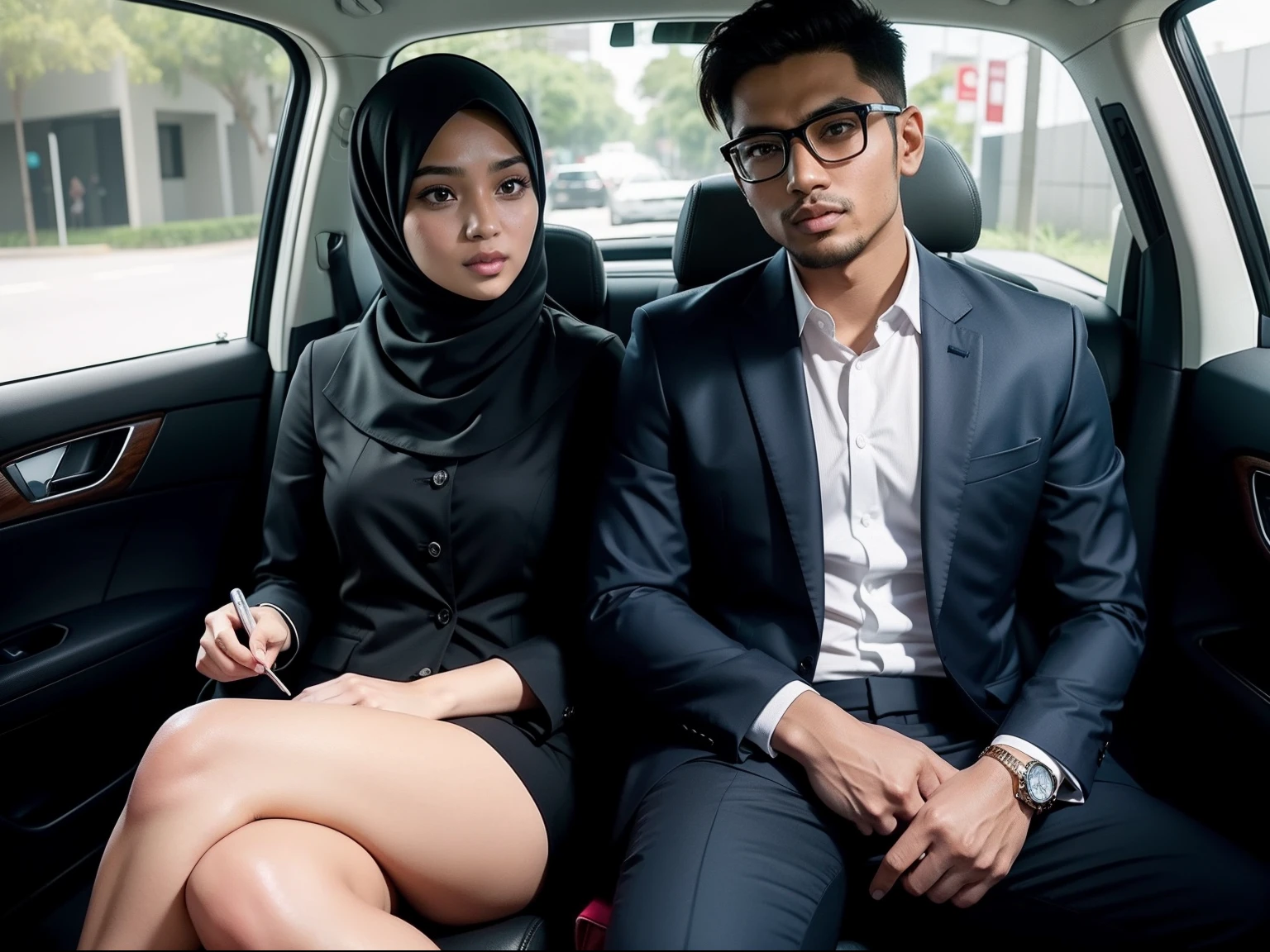 One malay man naked with one malay girl in hijab and naked, having sex in a car, during sex, bright lighting,