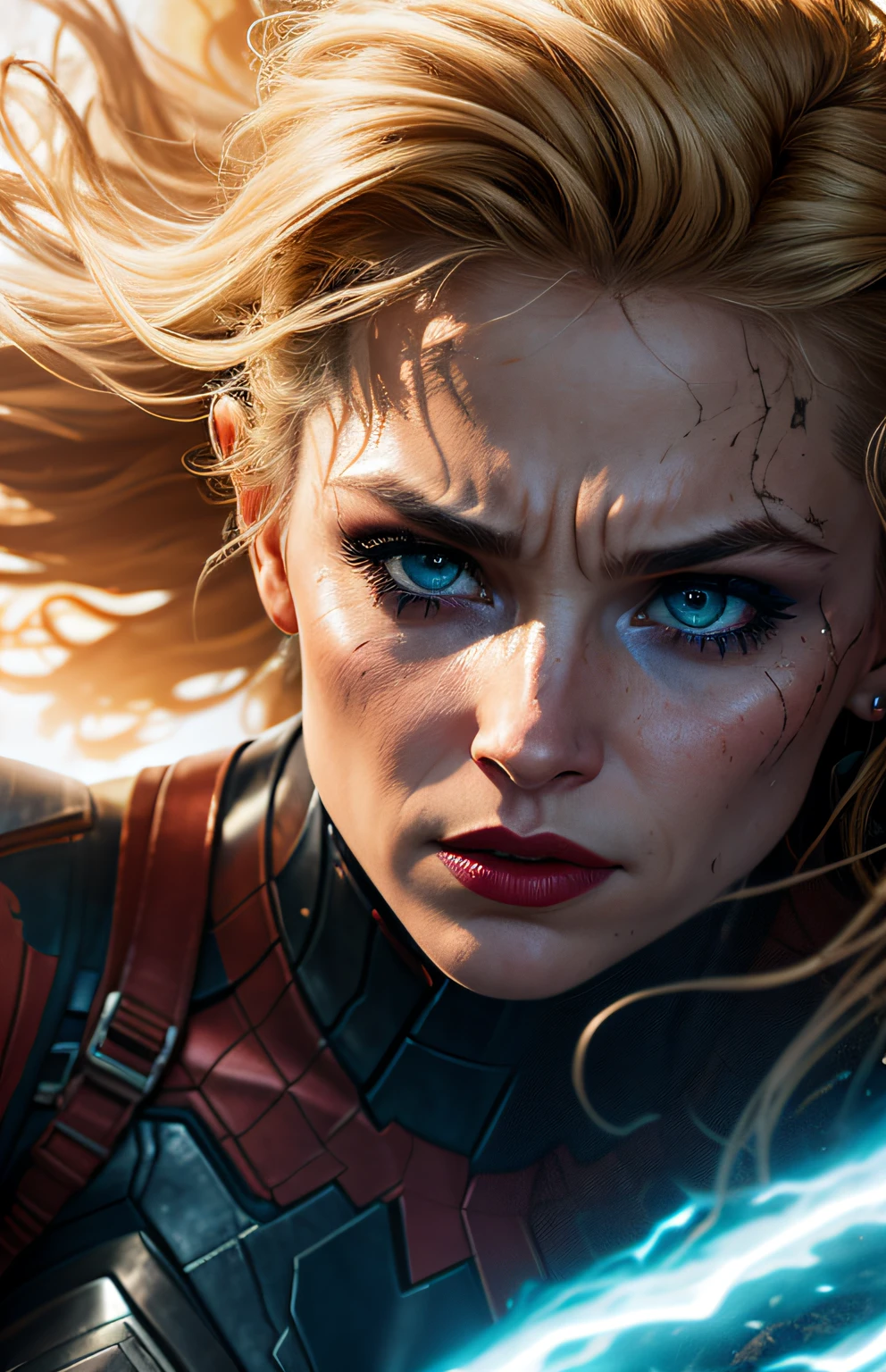 In a Marvel-style cinematic moment, the woman races toward the camera. Behind her, the explosion rages, creating a dramatic backdrop of chaos and destruction. With determination in her eyes and a fearless spirit, she runs, her once-blonde hair flowing behind her like a superhero in action. Her makeup, smoky eyes, and bold lips add an extra touch of cinematic flair to the scene. Her tattered and worn clothing reveals battle scars and wounds on her skin. Her face, marked by fatigue and glistening with sweat, reflects the relentless effort it takes to escape the impending catastrophe. Despite her exhaustion, she charges forward, embodying the strength and resilience of a true Marvel hero.
