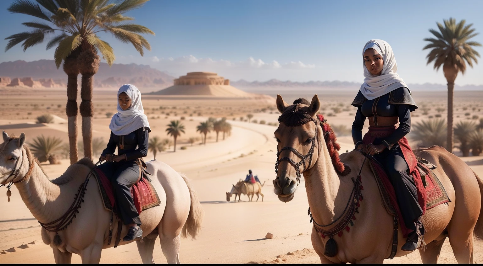 Two black women wearing clothes from the Hebrews of biblical times blue-eyed in the desert riding camels in the oasis palm trees of the desert