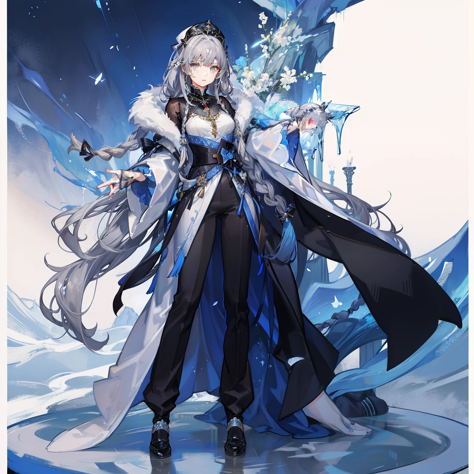 Adult woman, gray wavy hair with blue strands, gathered in a long braid, gray eyes, royal attire of the era of tsarist Russia, fur jewelry, sad look, black clothes, costume with open top and pants, Ice Goddess