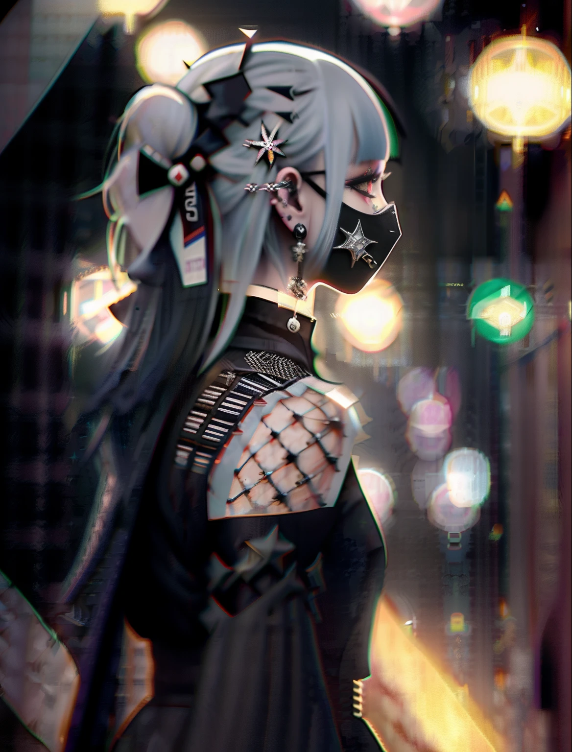 goth_punk, 1girl, solo, medium shot, walking in harajuku, ((night time)), bokeh, neon light, iridescent eyes, starry sky, white shimmer hair, white eyebrow, glowing hair, (iridescent white hair), earrings, bangs, jewelry, mask, blunt bangs, green eyes, mouth mask, blurry background, blurry, hair ornament, looking at viewer, short hair, portrait, sidelocks