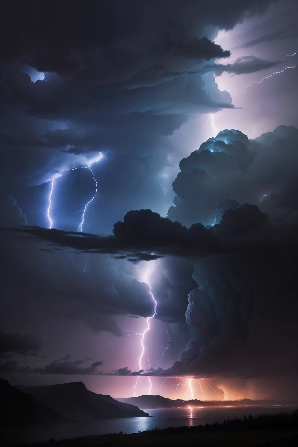 A heart shaped purple storm cloud, storm cloud shape of heart with multi purole colors, lightnings around the cloud, cloud over the sea, high detail