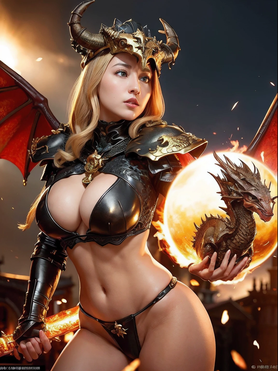 Professional , ​masterpiece、top-quality、photos realistic , depth of fields 、（Dragon Black Metal Body:1.９),(Mattretto、（cleavage of the breast）、Dragon Gold Weapon、（Micro Bikini Armor:1.４),Gorgeous gold weapons ,Particles of light、Particles of light、（（ Dragon's dense and gorgeous sword）） , （demonic wings）、（（a blond））、（Castle background）、Fight dragons、（（Gangle's forest background））、Take intense poses、Beautiful Caucasian beauty、１a person、dynamic ungle,(((Detailed and ornate dragon helmet)))、Smaller head、A smile、Castle background、Thin and beautiful female hands、cleavage of the breast、Soldier in iron armor on background、Mystical expression、Light Effects、intense fighting、Wind-effect、magic circles、With the legendary magic wand、Dragon's tail、explosions、