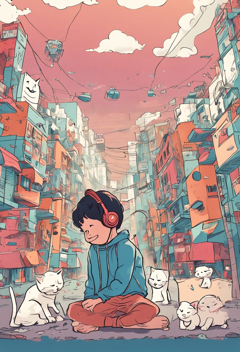 1 Man looking at a kitten white,Boy wearing headphones,ssmile,The background is blue sky and white clouds