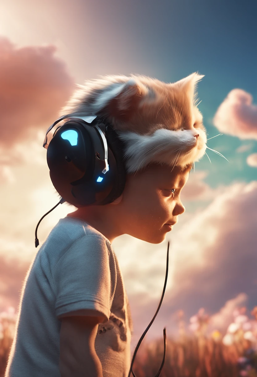 1 Man looking at a kitten white，Boy wearing headphones，ssmile，The background is blue sky and white clouds