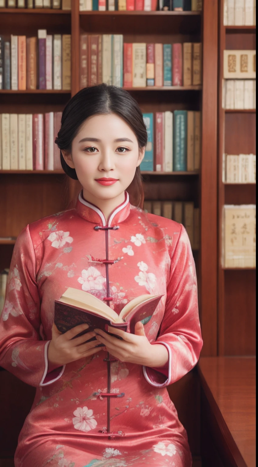 Mature women hold a book to their chest、Background bookshelf,wearing cheongsam、There are plum blossoms on the cheongsam、beautiful detailed skin、Braided hair、Professional lighting、ultra-realistic realism、Exudes natural beauty and tranquil presence.