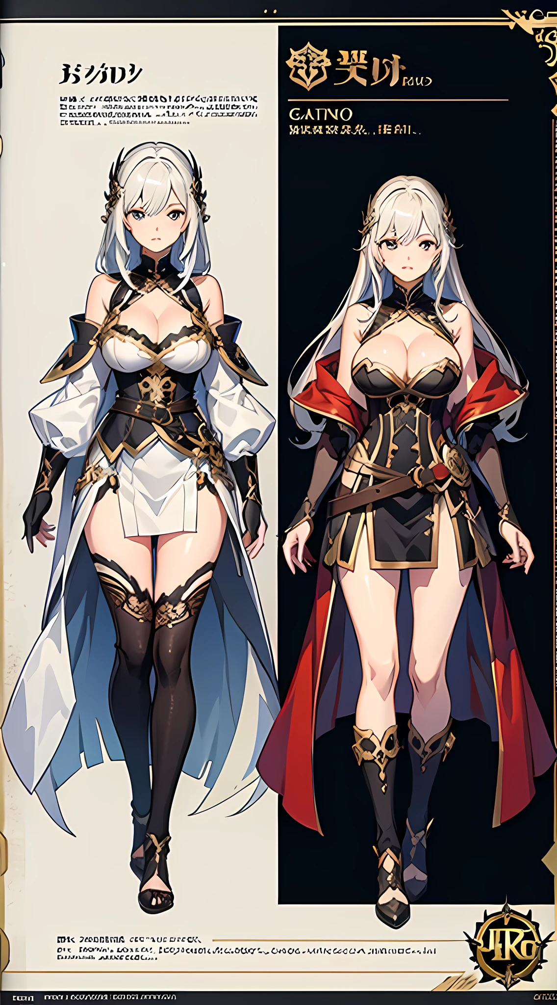 character reference sheet, character design, blade and soul character, 4k,1 woman, high quailty,highdetail,Role drawings,costume influenced by granado espada and blade and soul games, Information drawings,Entire body,British style,Knight women's clothing,More mature women,Silvery-white curls to the waist,Hairpins,tight corset,Lace trim,gauntlets, cleavage cleavage,Asymmetrical stockings,offical game artwork.