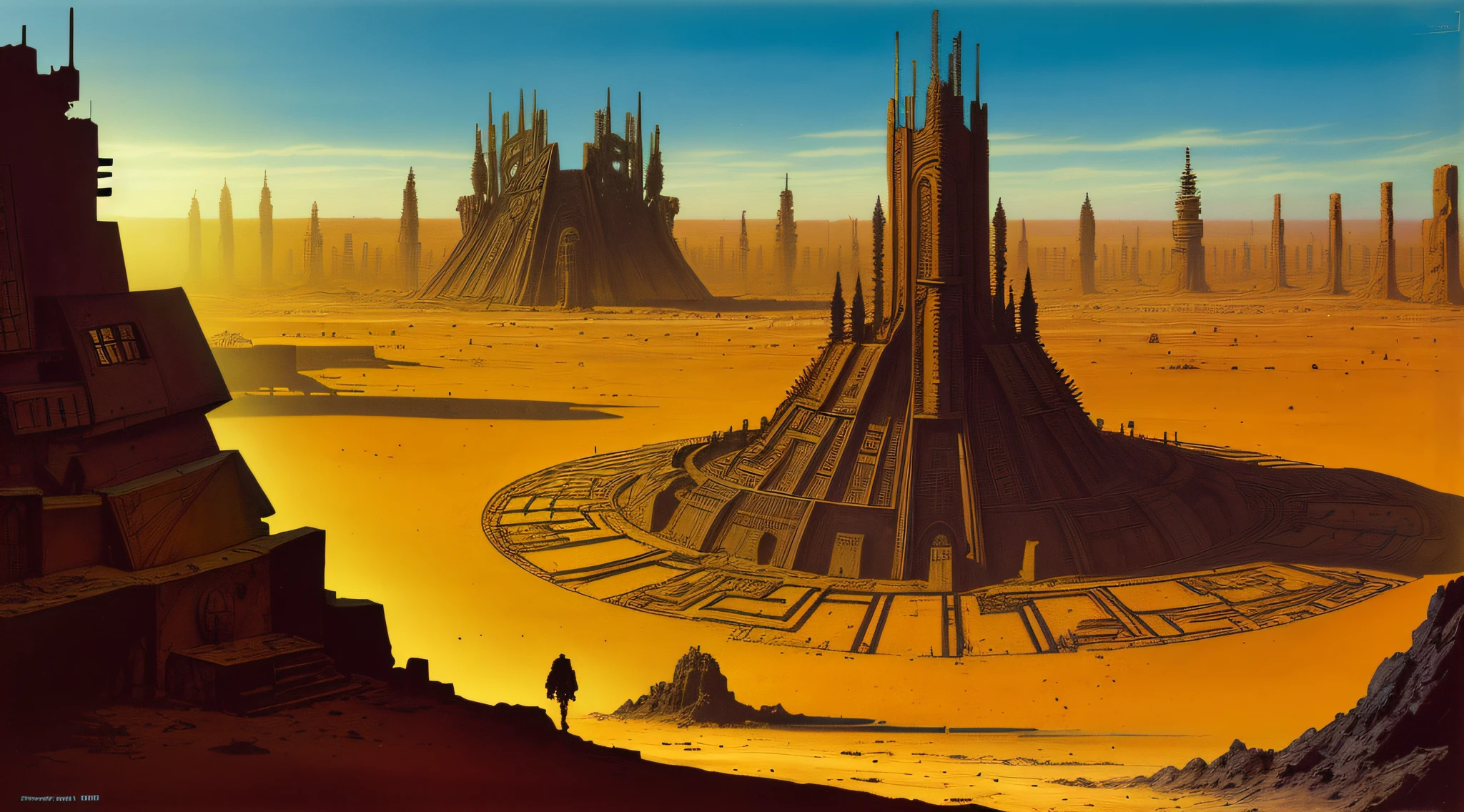 enki bilal,philippe druillet,moebius inspired french comics art "a vast desert filled with colossal, rusting machines of war, half-buried in the sand, a dying sun casting long shadows over the scene, adding to the eerie sense of a long-forgotten battlefield", the contrast in colors and textures should be distinct highly detailed,surreal,vibrant yet slightly desaturated