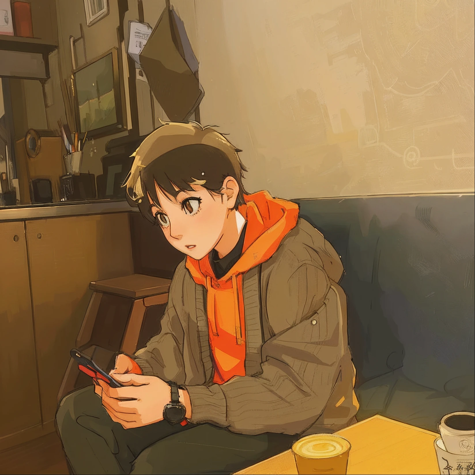 A woman who is,A woman sitting on a sofa playing with her phone, looking at his phone, A girl with short hair with personality,Guviz-style artwork, in an anime style, Realistic anime 3 D style, made with anime painter studio, lofi portrait, Praise Artstyle, In anime style, sitting alone in a cafe, High-quality fanart, Digital anime illustration,(best qualtiy),ultra - detailed,Ultra photo realsisim,Octane renderer,HighDynamicRange,(hdr),32K resolution,Super resolution,megapixel,