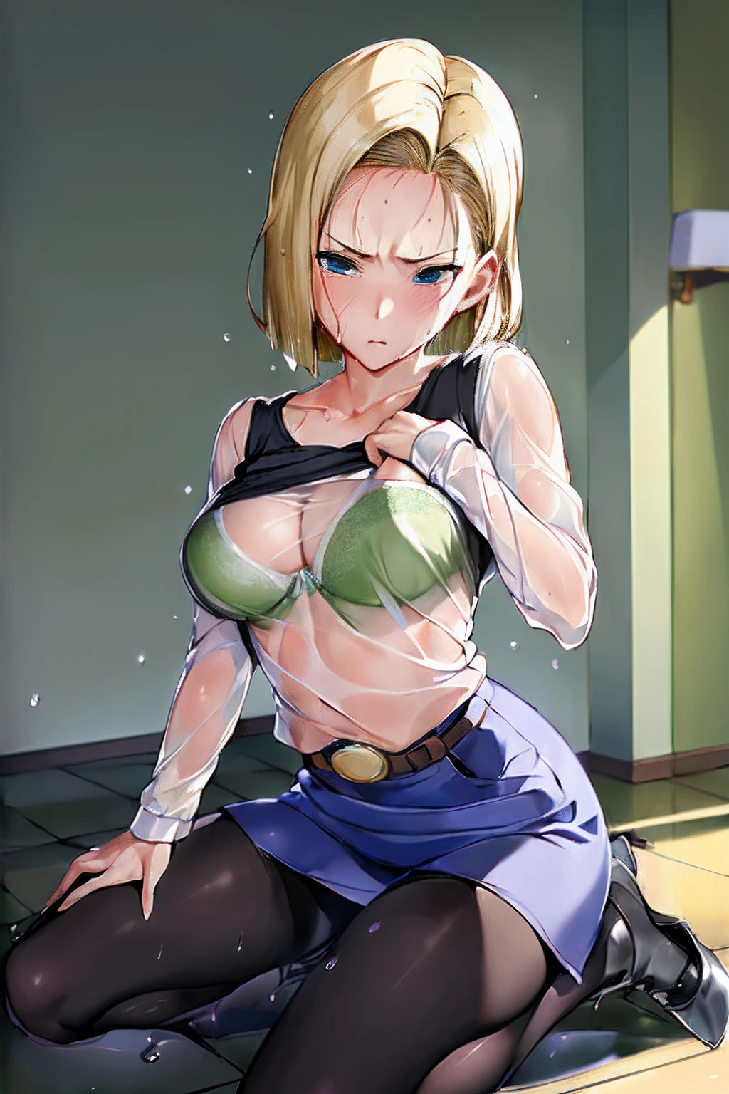 masterpiece, (Photorealsitic:1.4), top-quality, beautiful lighting,Android18DB, 独奏, 耳Nipple Ring, jewely, ((embarassed expression)), The shirt, a belt, ,((Black pantyhose))、 denim_Skirt, Raw photography, 8K UHD, film grains,(((Clothes are see-through)))、panties on、((lift up one's skirt))、high-heels、(((the whole body is wet)))、all-fours、((Bra under clothes))