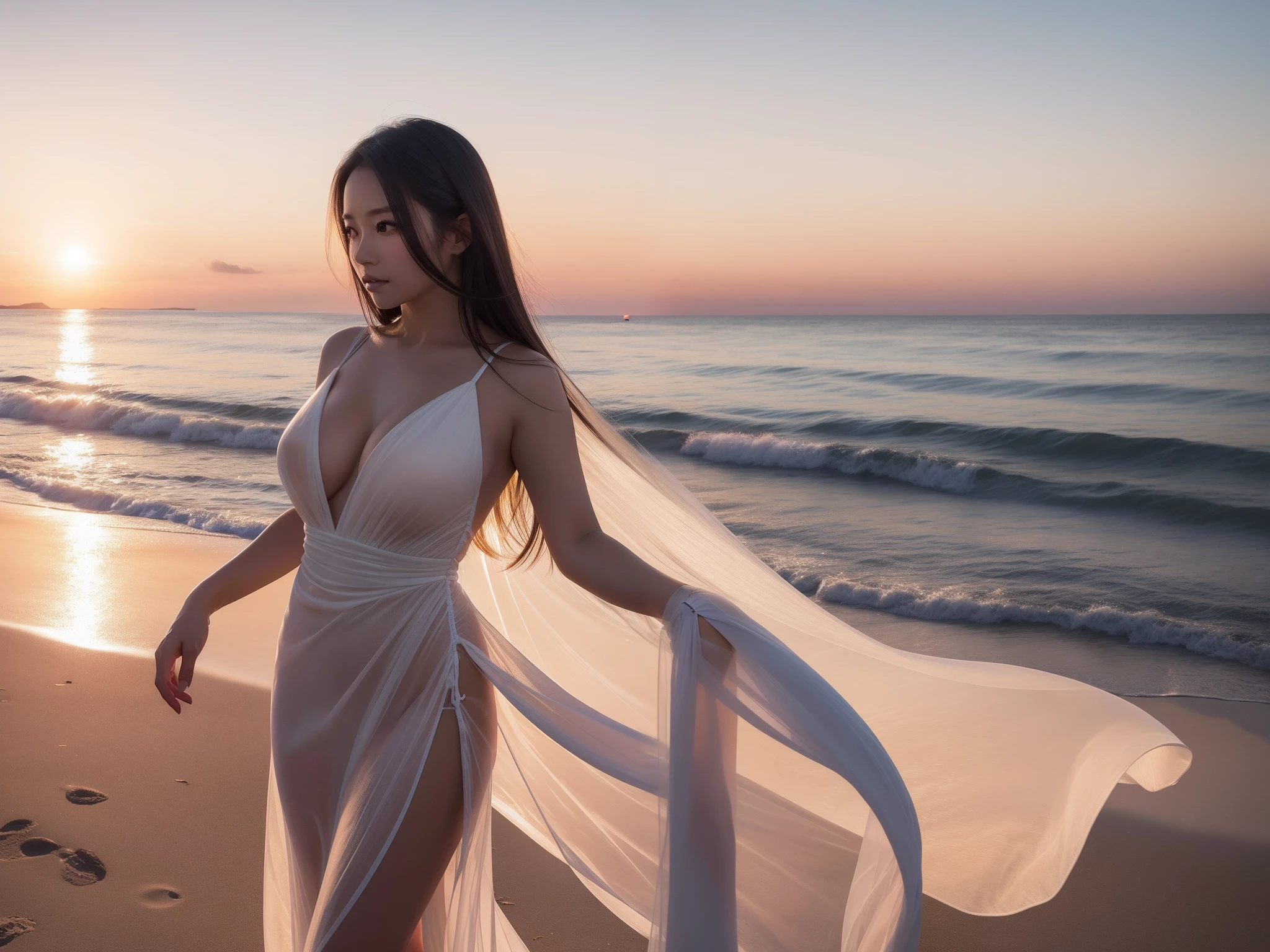 Beautiful adult woman from Japan、Glamour curved woman in translucent dress on beach at sunset, Detalhe de roupa requintado, High-resolution format,fotografia hiper realista, altamente detalhado, Detailed hairs, pele detalhada, Olhos detalhados,