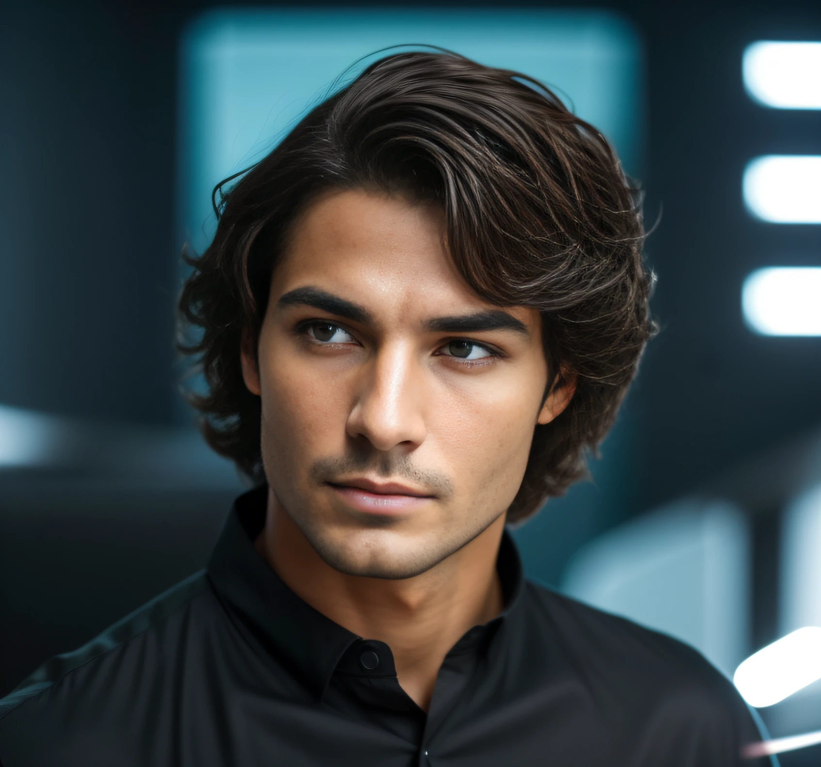 Nesta imagem intensa e cativante, A mysterious man looks into the distance, His piercing black eyes filled with an enigmatic incantation. Seu rosto, adornado com restolho, aparece em close-up, inviting scrutiny of its striking features. O homem veste uma camisa preta lisa, o que contrasta com sua tez justa, enfatizando a intensidade de seu olhar.
Drawing attention to his mesmerizing eyes, A subtle touch of drama is added as they shine with a crimson hue, reminiscence of the deepest corners of a soul. This unique feature adds an element of intrigue and mystique to its overall presence.
Locked in a moment of contemplation or perhaps lost in deep thought, The powerful aura of man is transmitted through his focused expression, hinting at hidden depths and countless secrets. With a dominant presence, it captivates the viewer's attention, deixando-os curiosos sobre os pensamentos que ocupam sua mente. Cabelo realista, cabelos detalhados, roupa detalhada, homem bonito, white man
The background of the image is left to the imagination, allowing the viewer to project their own stories onto this enigmatic character.