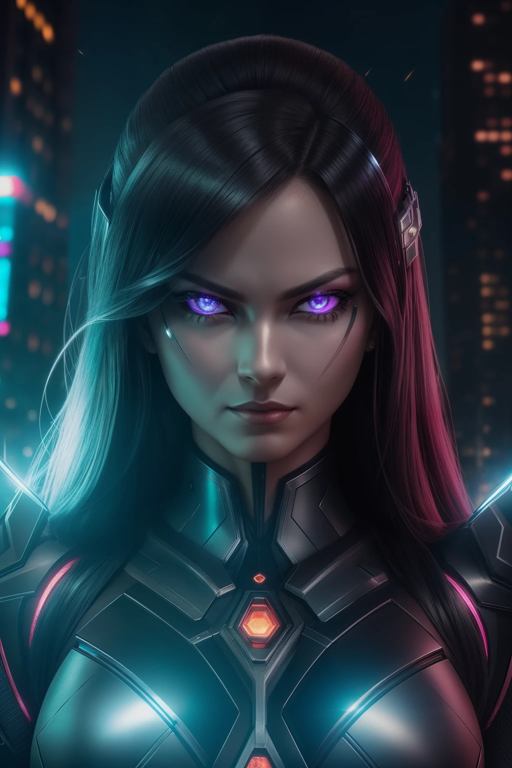 a metal woman with evil face, good bodu, looking front, looking camera, metallic, metallic shine, deep shadows, middle of the city, metal details, neon lights, dramatic lights, high contrast, high detail, humanoid. Marvel style, metal sparks. shot with Sony Alpha a9 II and Sony FE 200-600mm f/5.6-6.3 G OSS lens, natural ligh, hyper realistic photograph, ultra detailed –ar 3:2 –q 2 –s 750