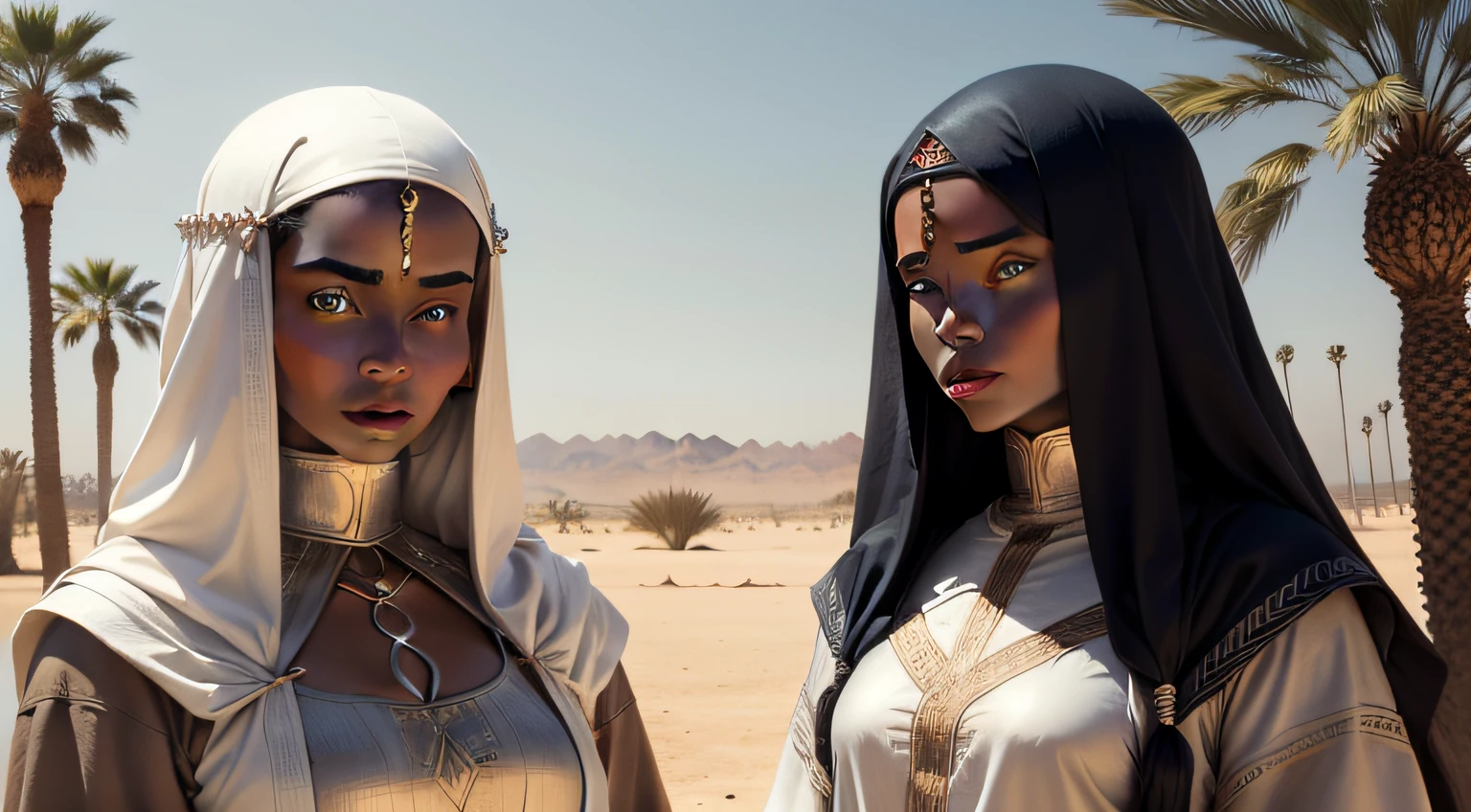 A man from biblical times in robes, two black girls with blue eyes, clothes from biblical times, in an oasis of desert palm trees