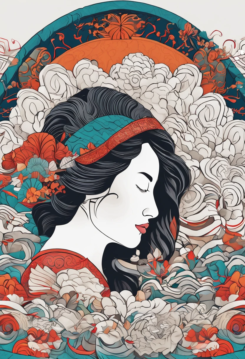 (White background:1.4),(Silhouette of a girl's head, Eyes closed, colorfull long hair, Oriental elements),(korean illustration:1.3,paper art:1.3, Quilted paper art:1.2),( reasonable design, Clear lines, High sharpness,Best quality, Very detailed, Masterpiece, movie light effect, 4K )